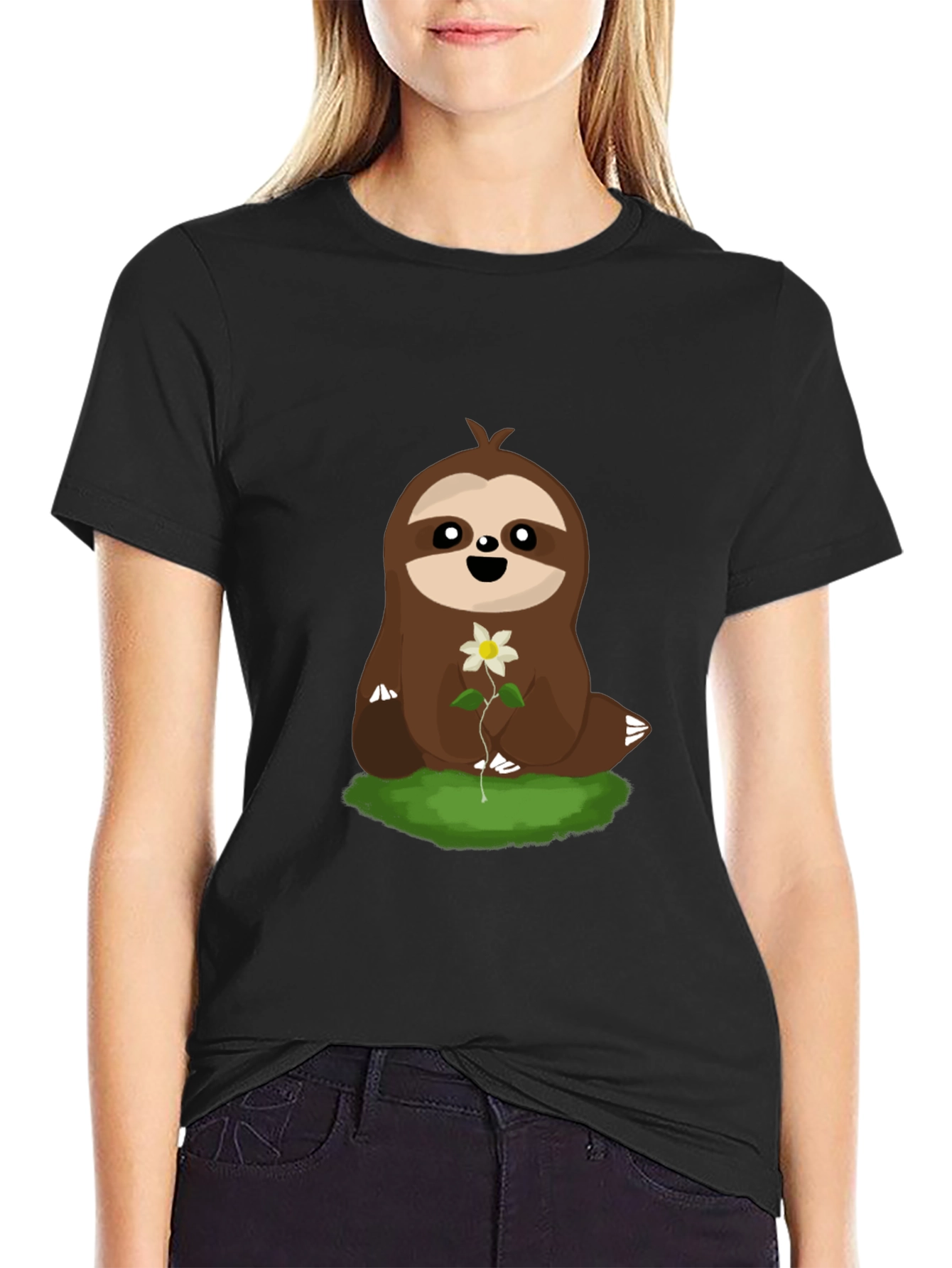 Cute Sloth with Flower Graphic T-Shirt - Black