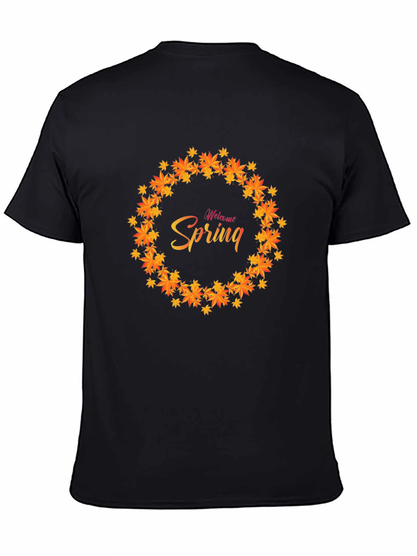 Welcome Spring Leaf Wreath Black T-Shirt