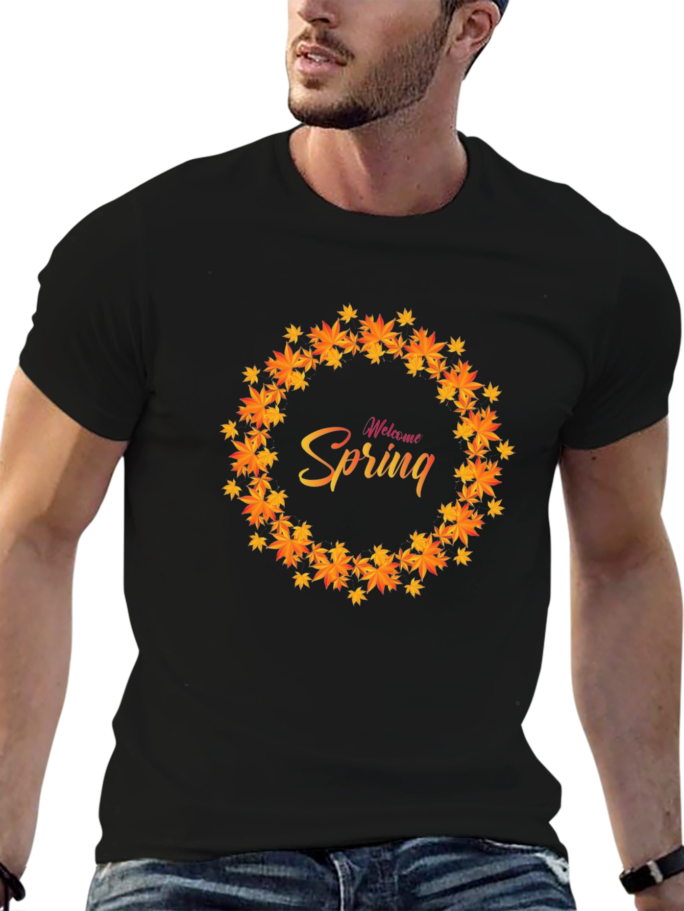 Welcome Spring Leaf Wreath Black T-Shirt