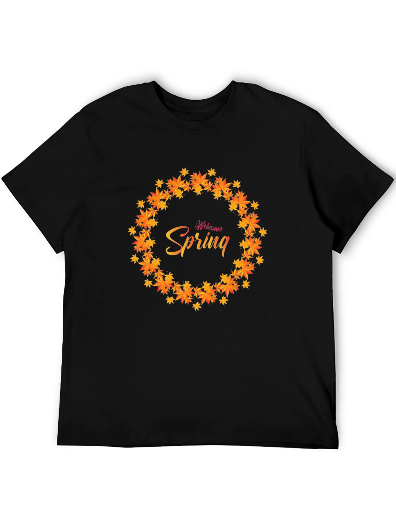 Welcome Spring Leaf Wreath Black T-Shirt