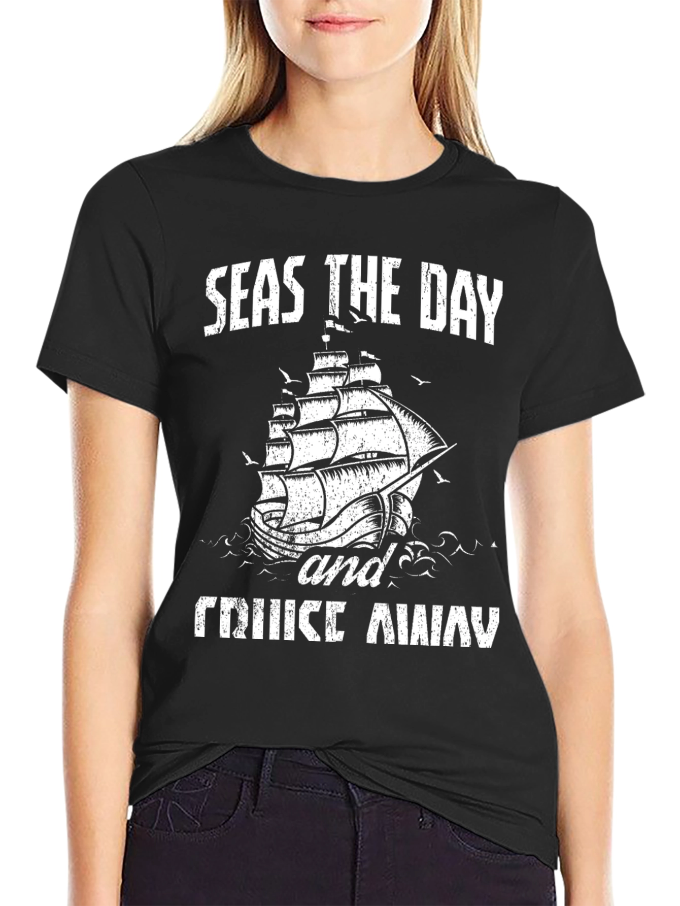 Seas The Day Cruise Away Black Graphic Tee