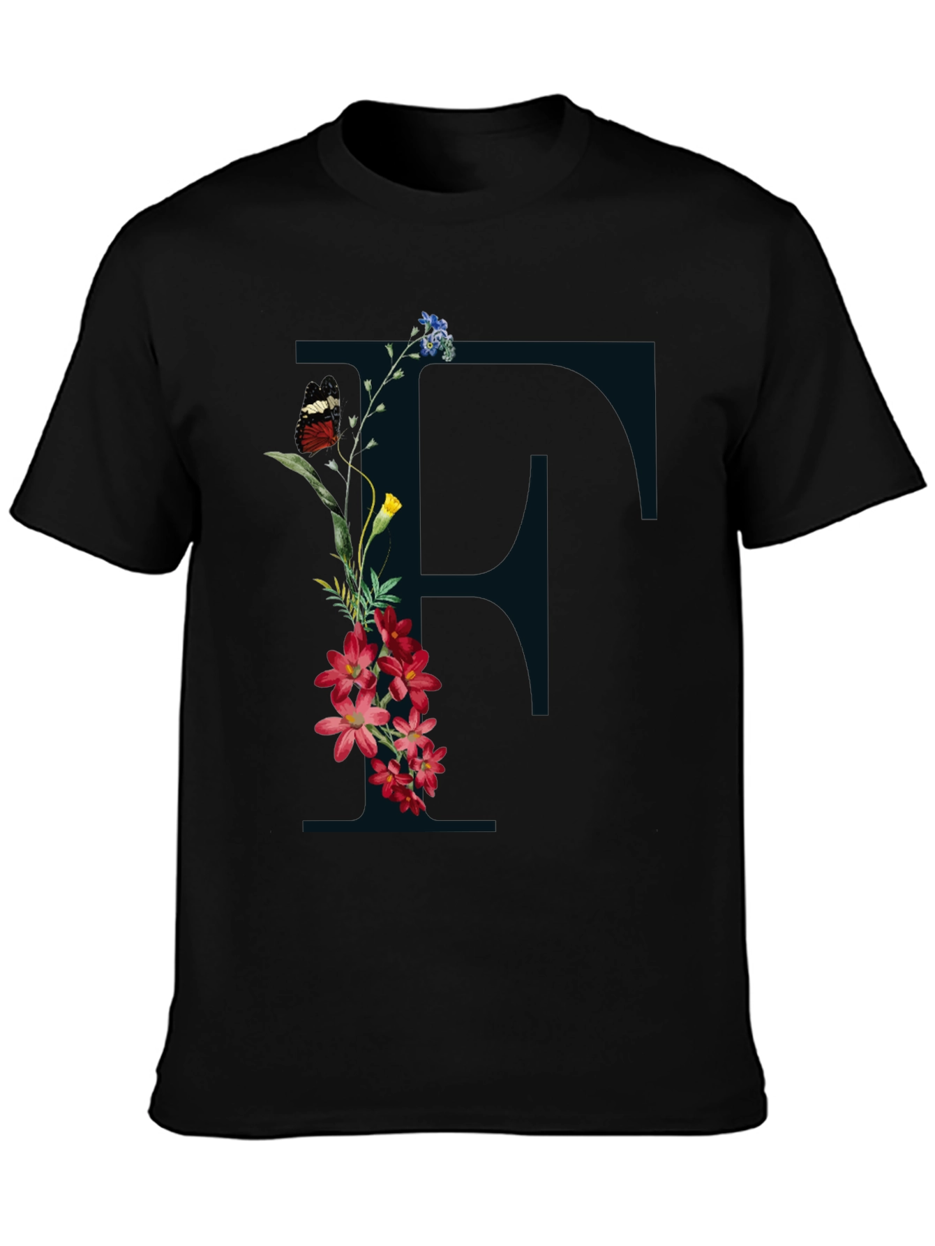 Floral Initial F Black T-Shirt