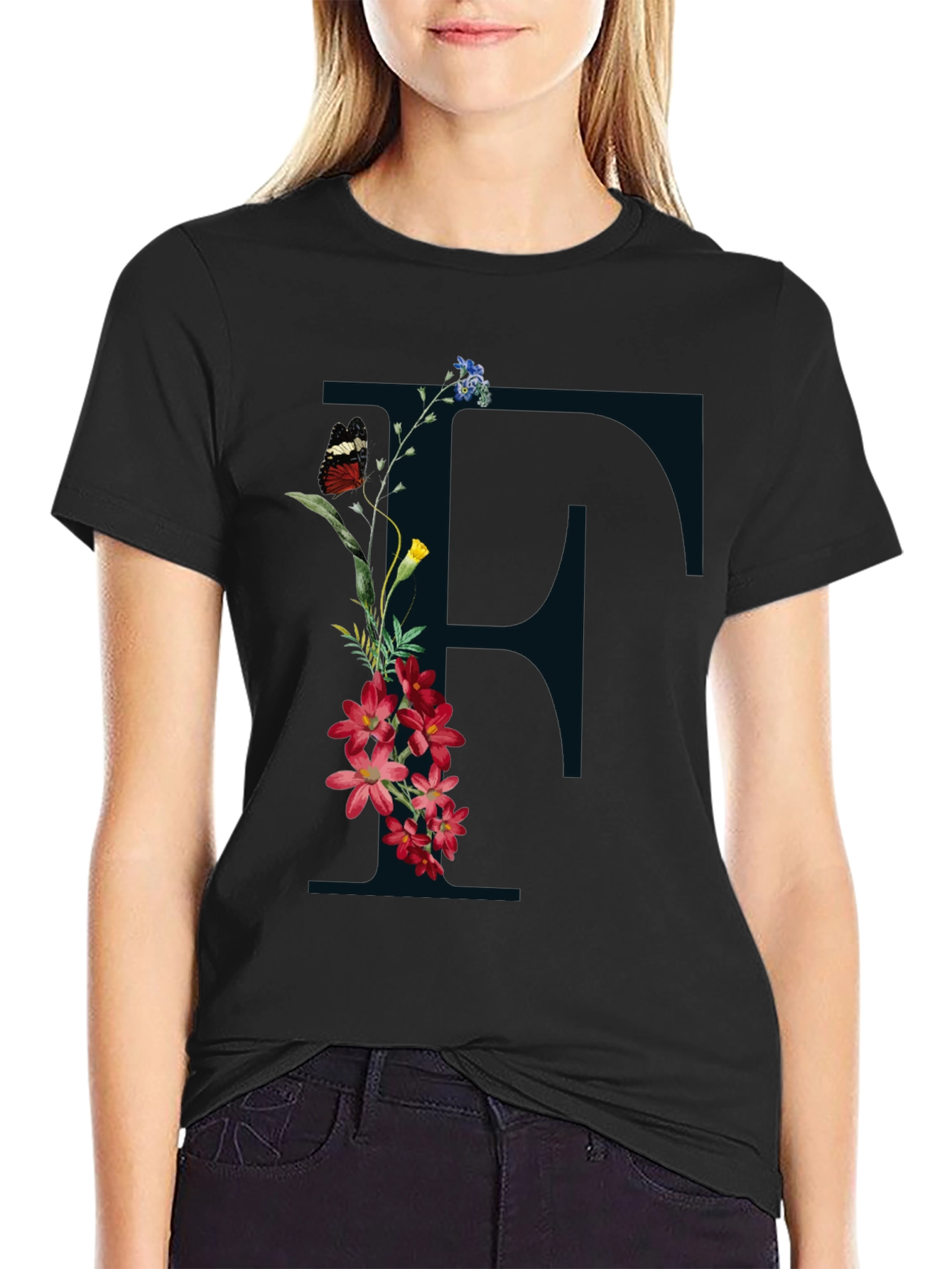 Floral Initial F Black T-Shirt