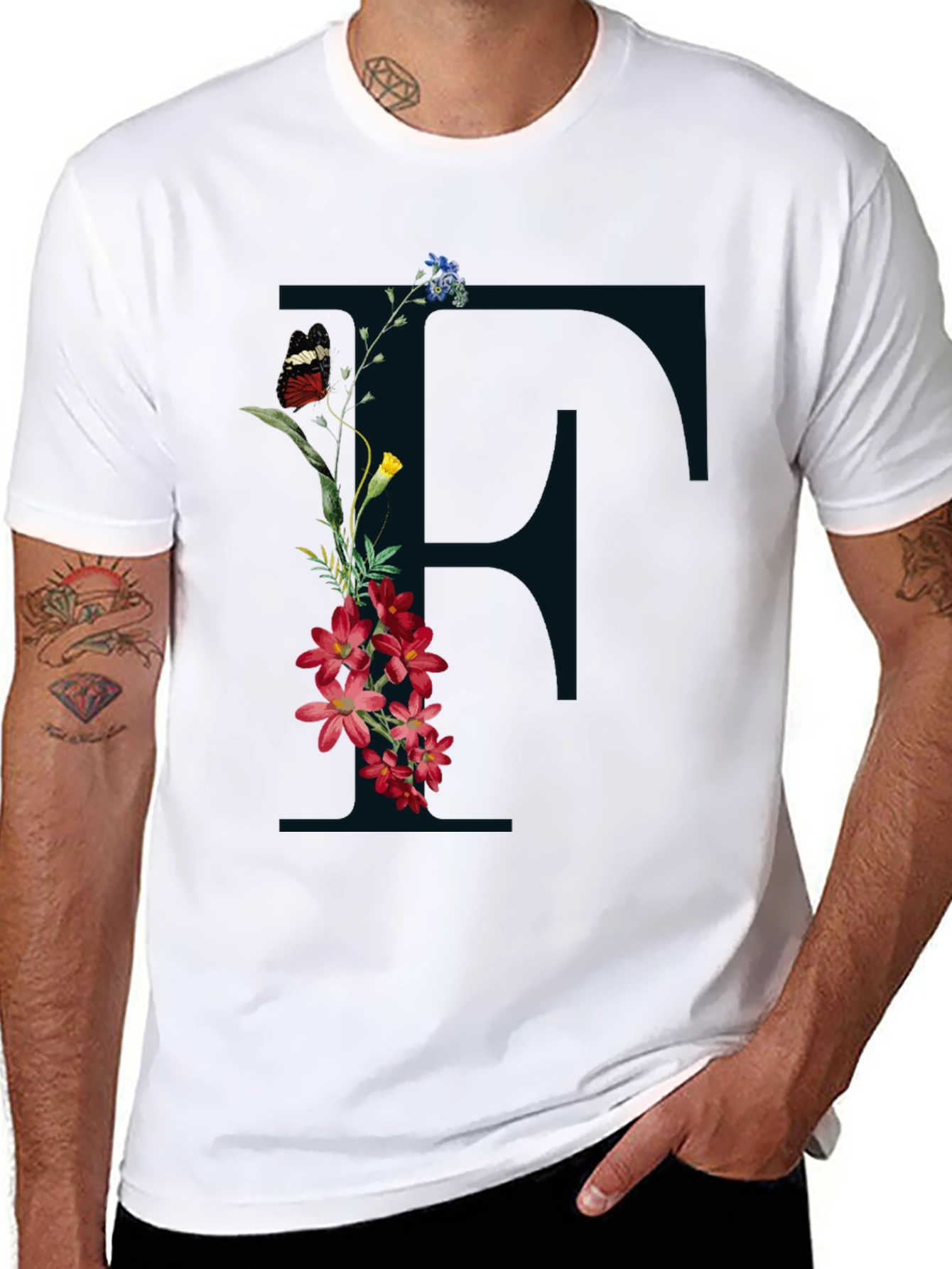 Floral Initial F Black T-Shirt