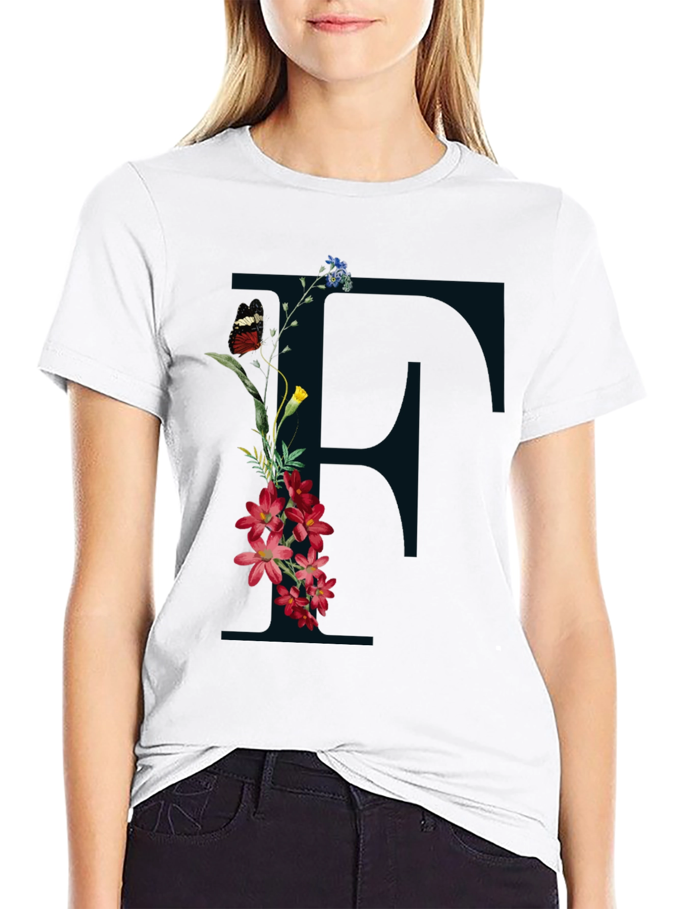 Floral Initial F Black T-Shirt