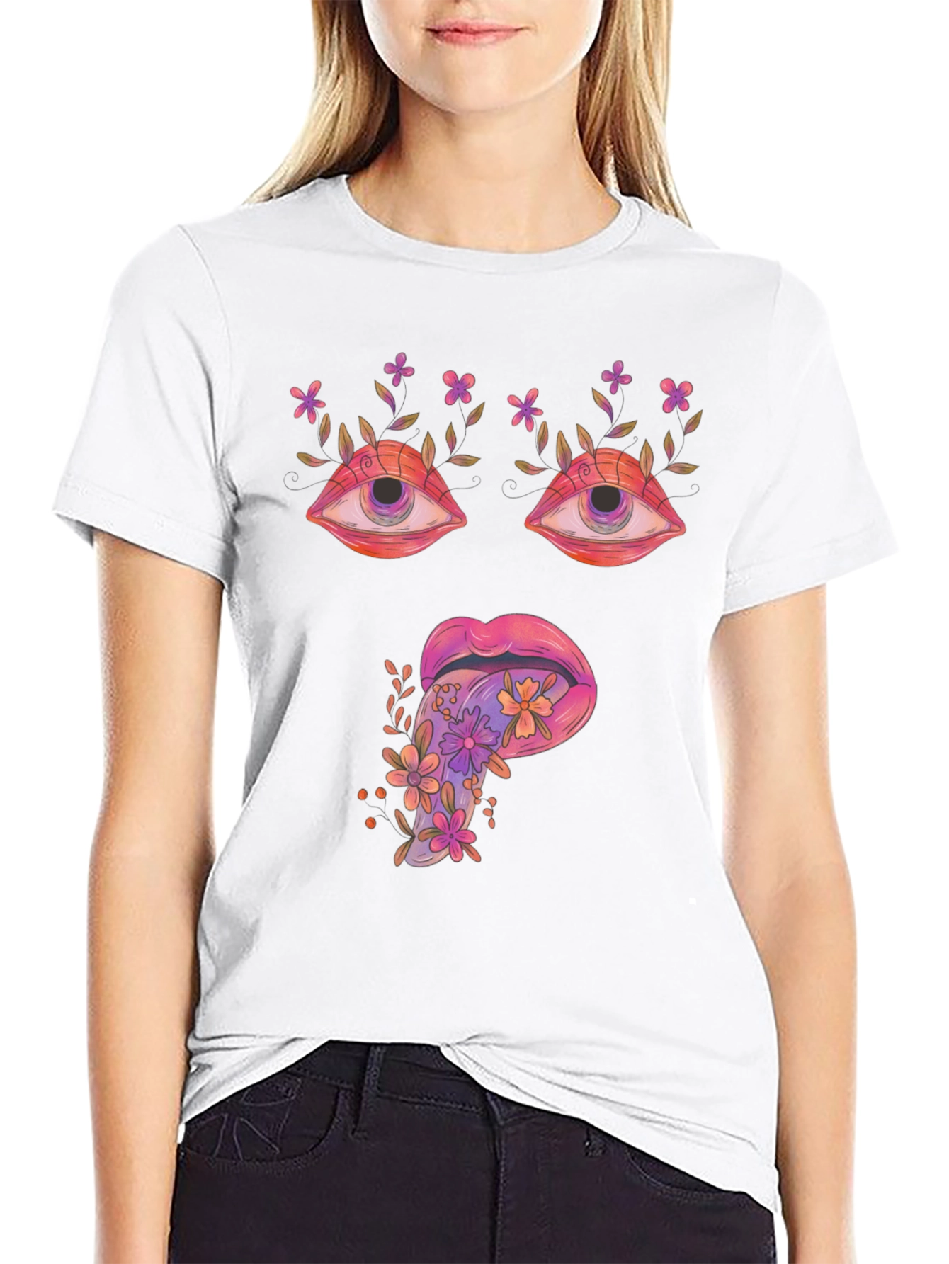 Psychedelic Eyes & Tongue Graphic T-Shirt - Black