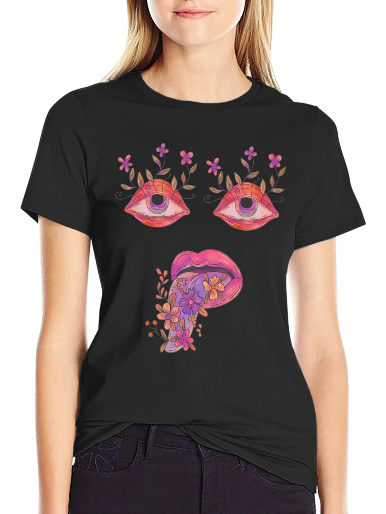 Psychedelic Eyes & Tongue Graphic T-Shirt - Black