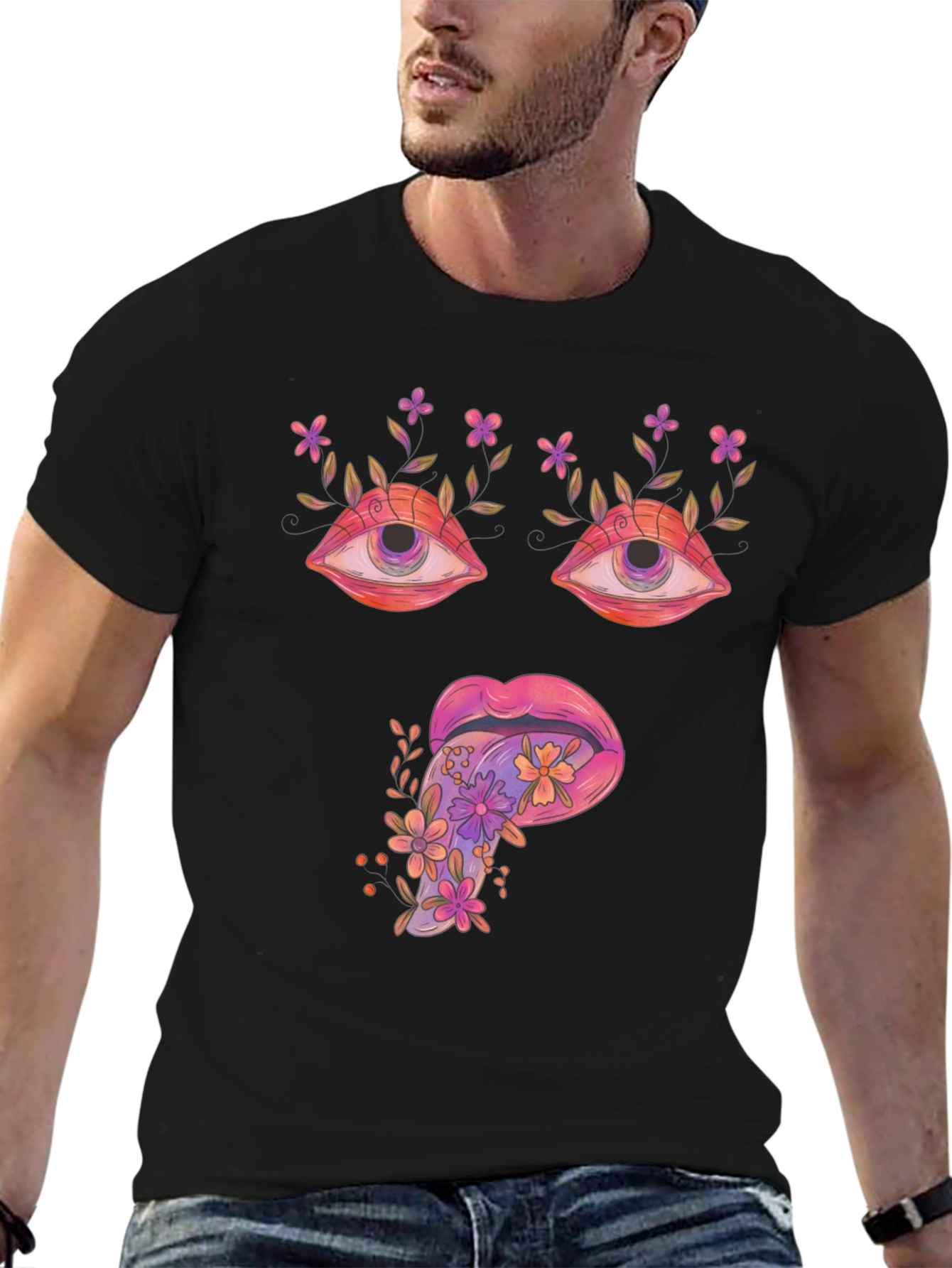 Psychedelic Eyes & Tongue Graphic T-Shirt - Black