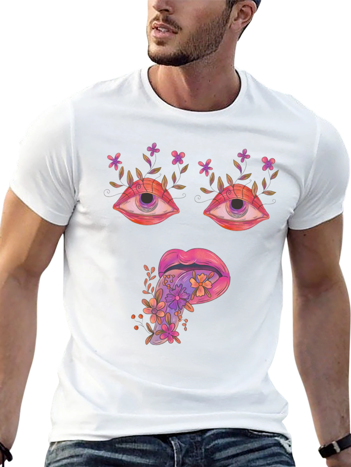 Psychedelic Eyes & Tongue Graphic T-Shirt - Black