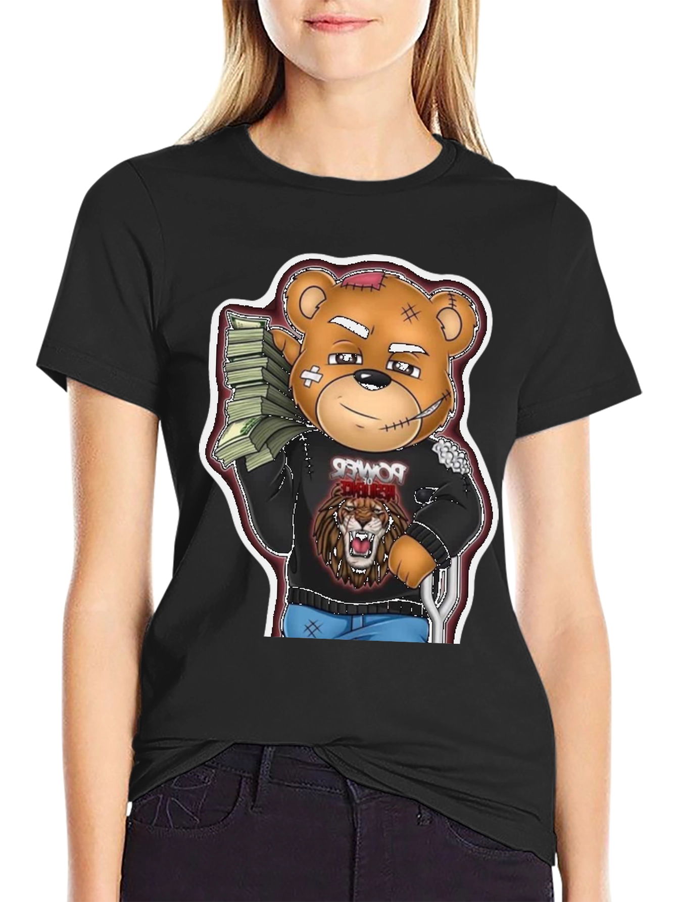 Cartoon Bear Graphic Tee - Black