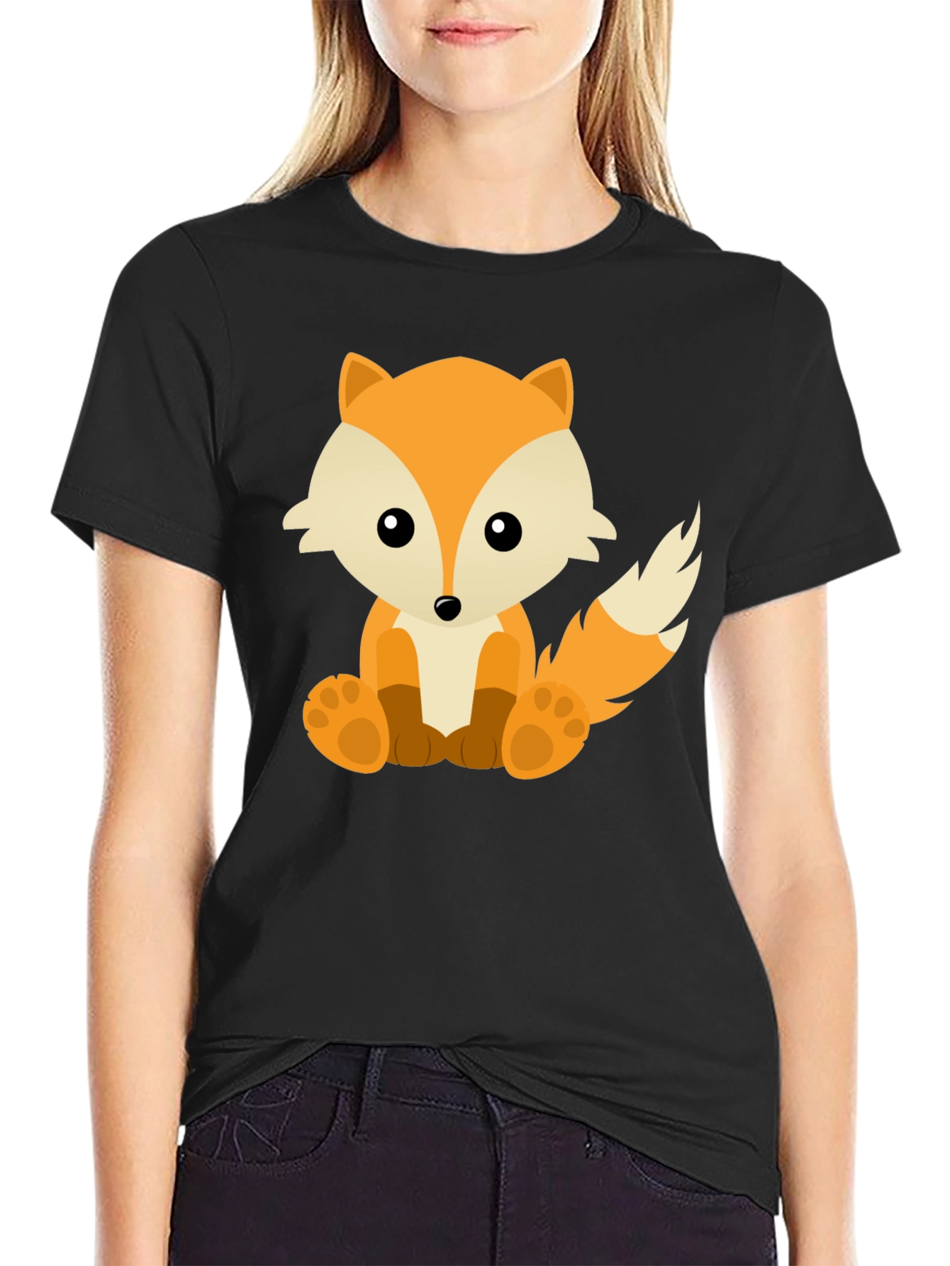 Cute Fox Graphic Tee - Soft Black Cotton T-Shirt