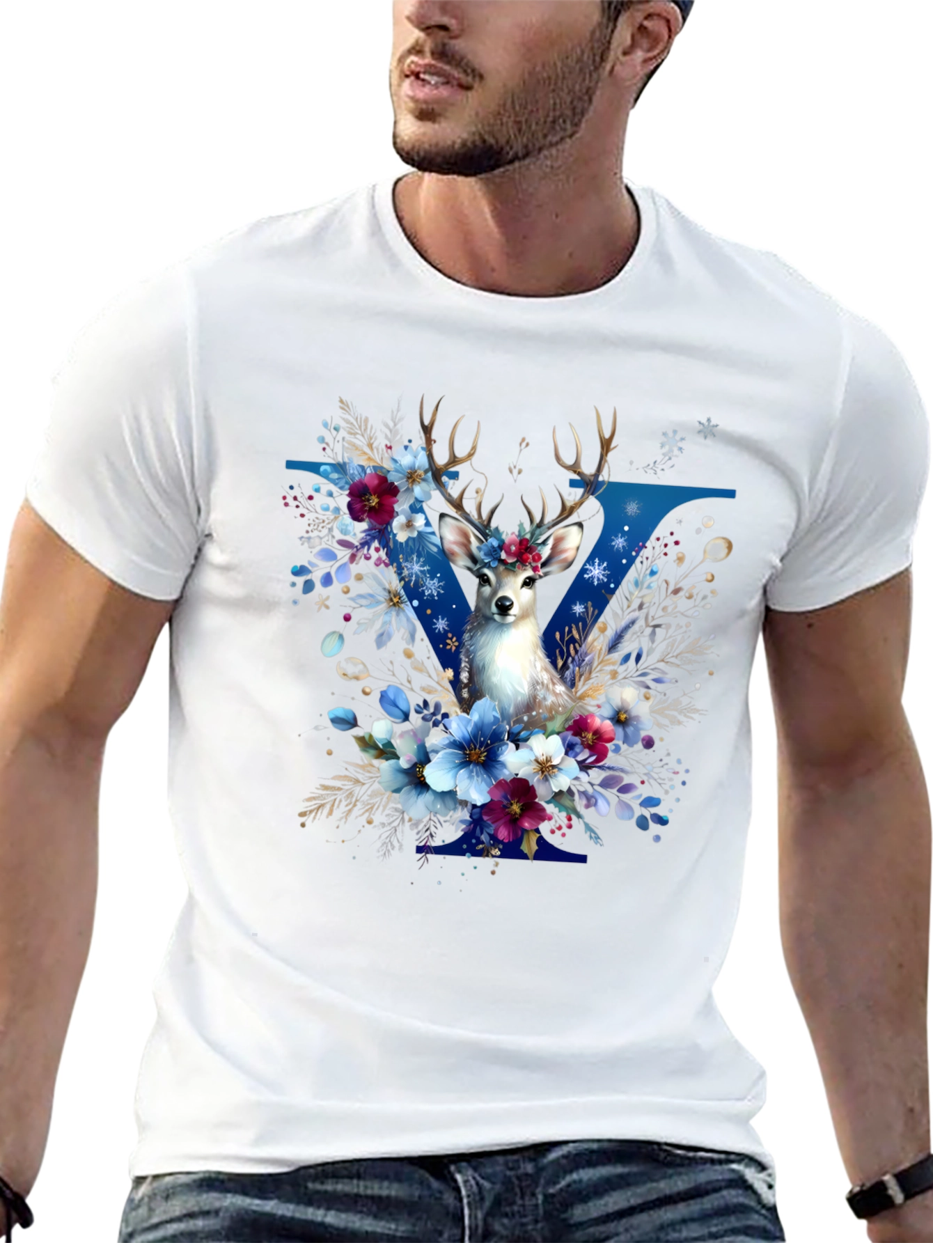 Floral Deer Graphic T-Shirt - Stylish Mens Tee