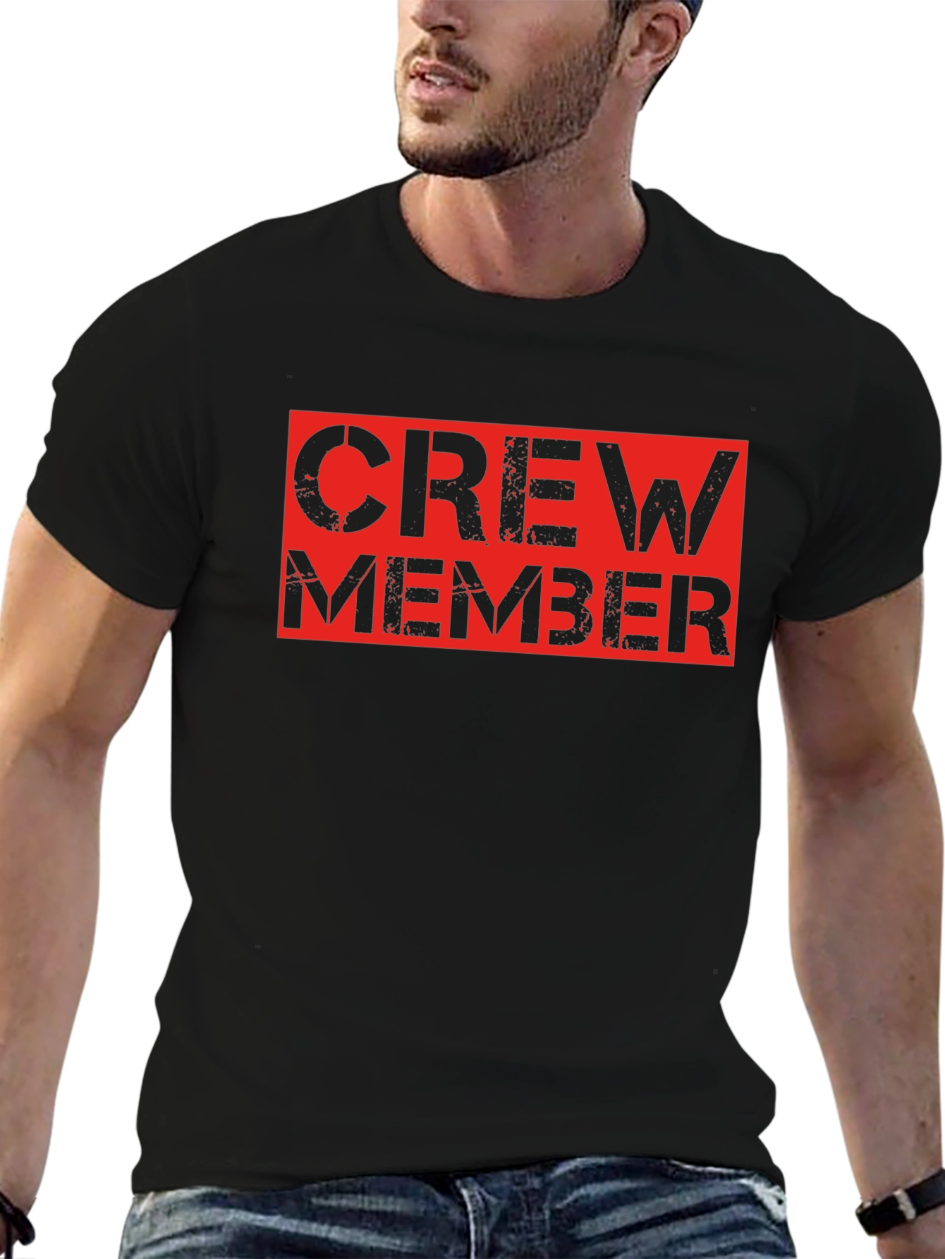 Crew Member Black T-Shirt - Bold Red Design