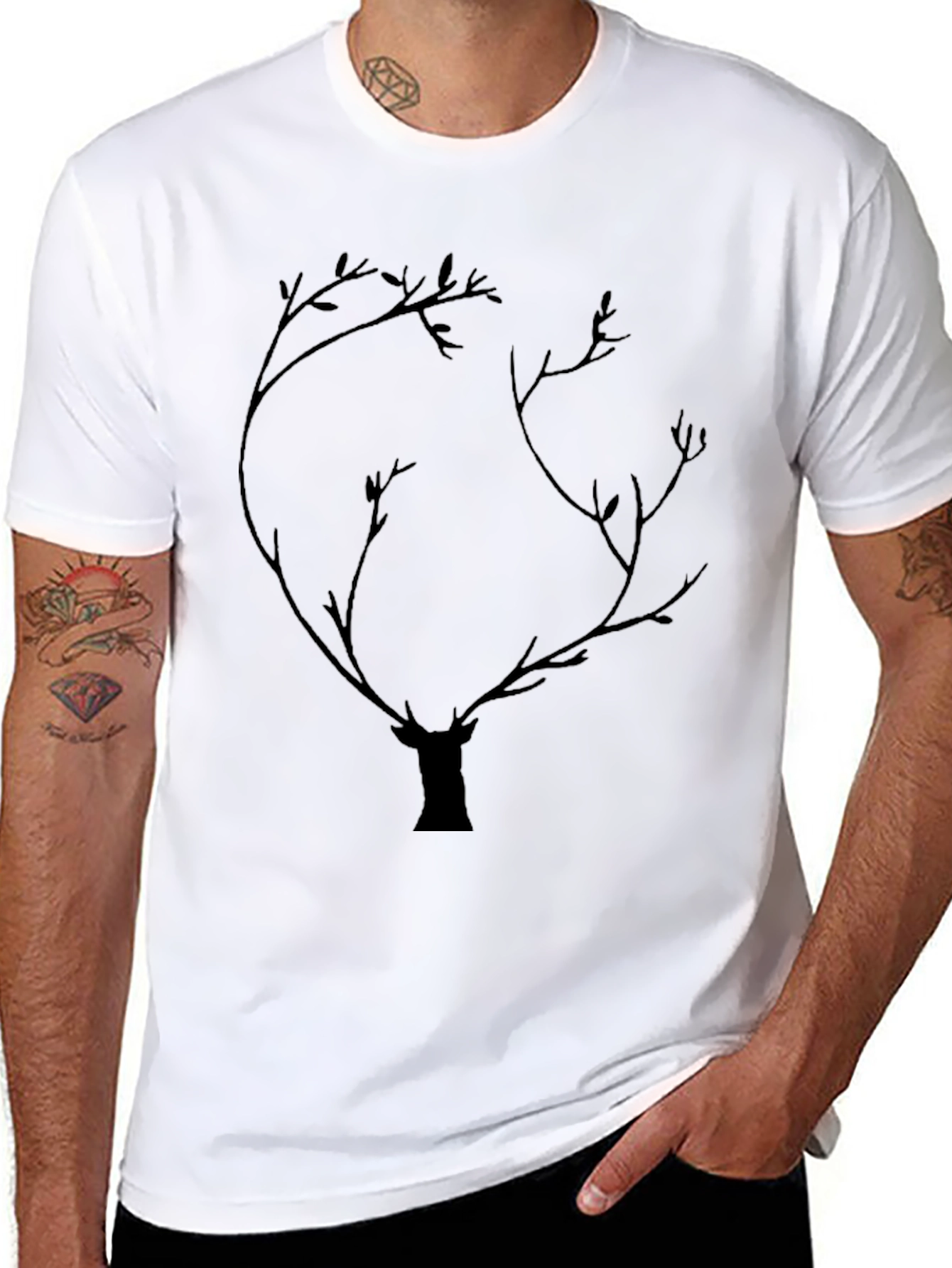 Deer Antler Tree Graphic Tee - Black Cotton Blend