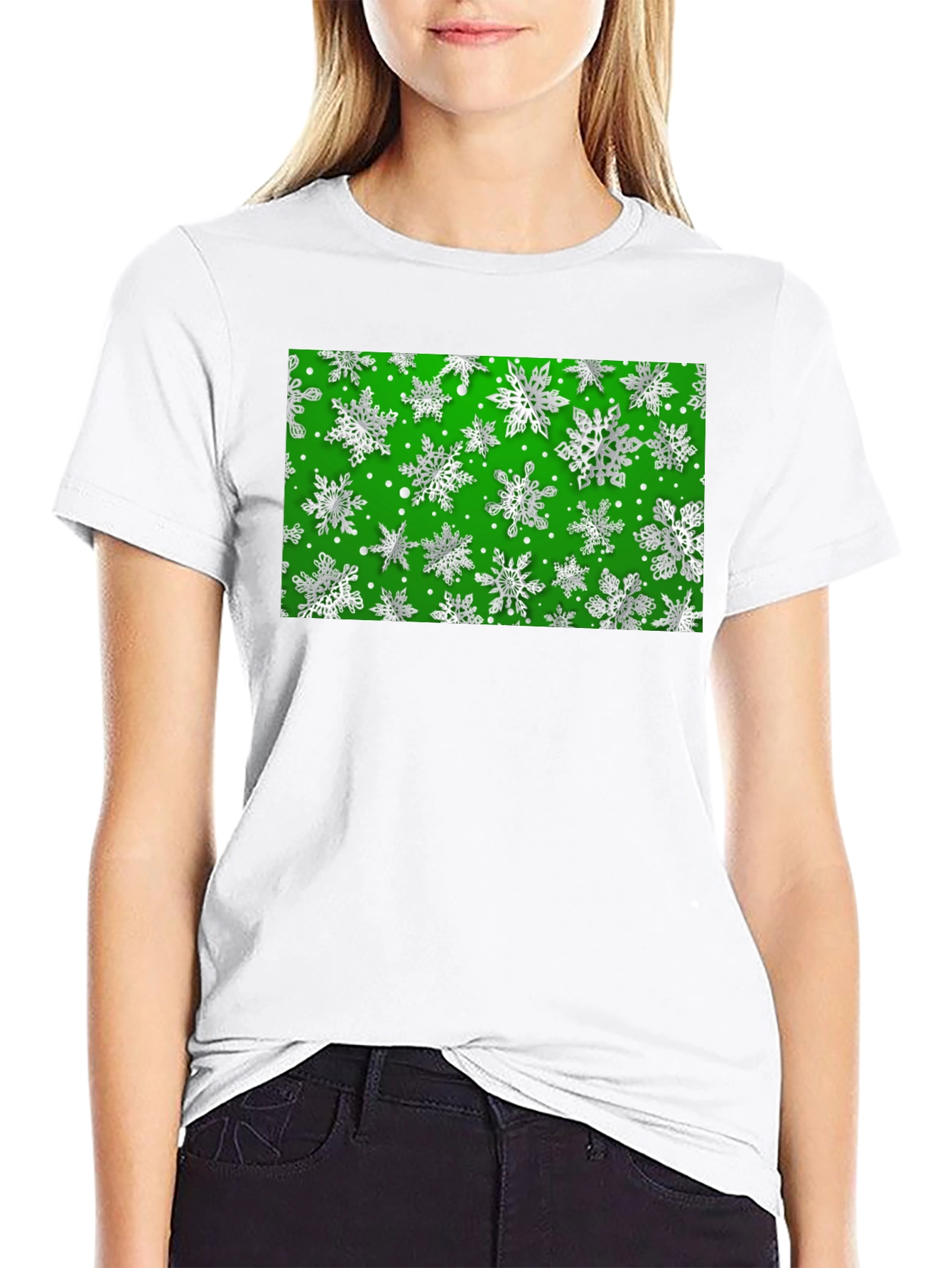 Festive Snowflake Pattern Black T-Shirt
