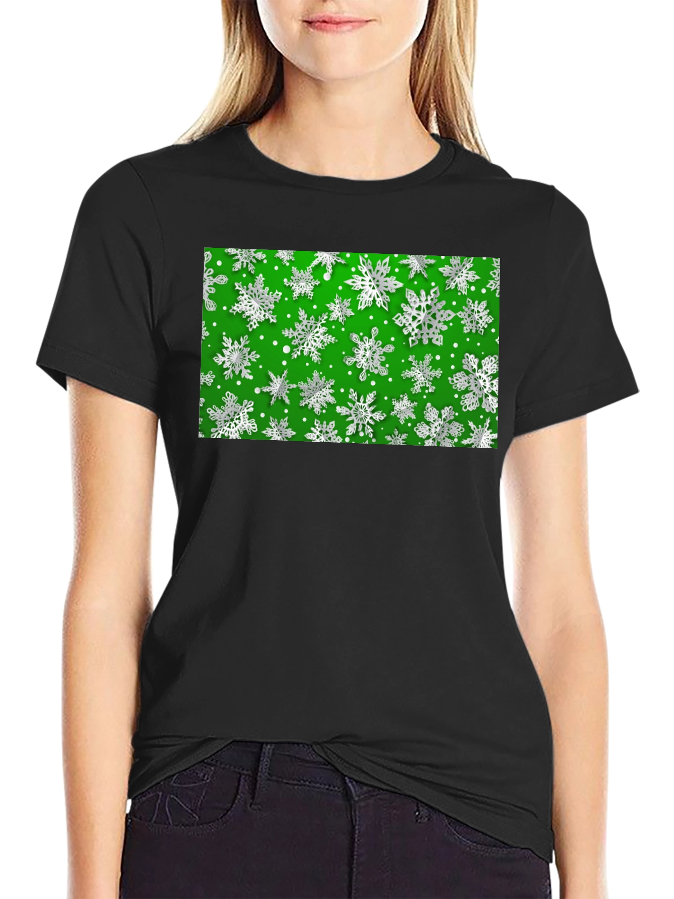 Festive Snowflake Pattern Black T-Shirt