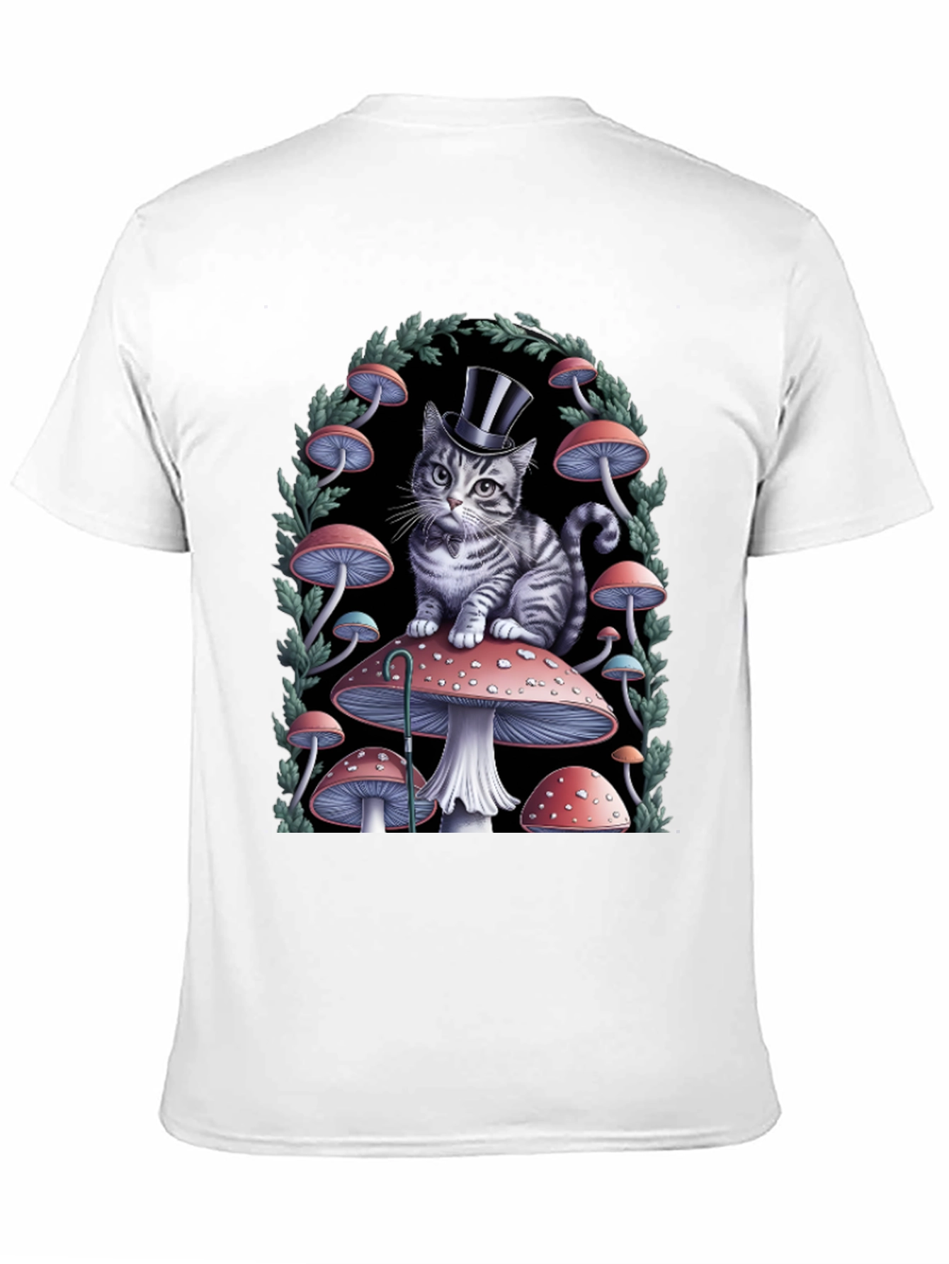 Whimsical Cat in Top Hat Mushroom T-Shirt