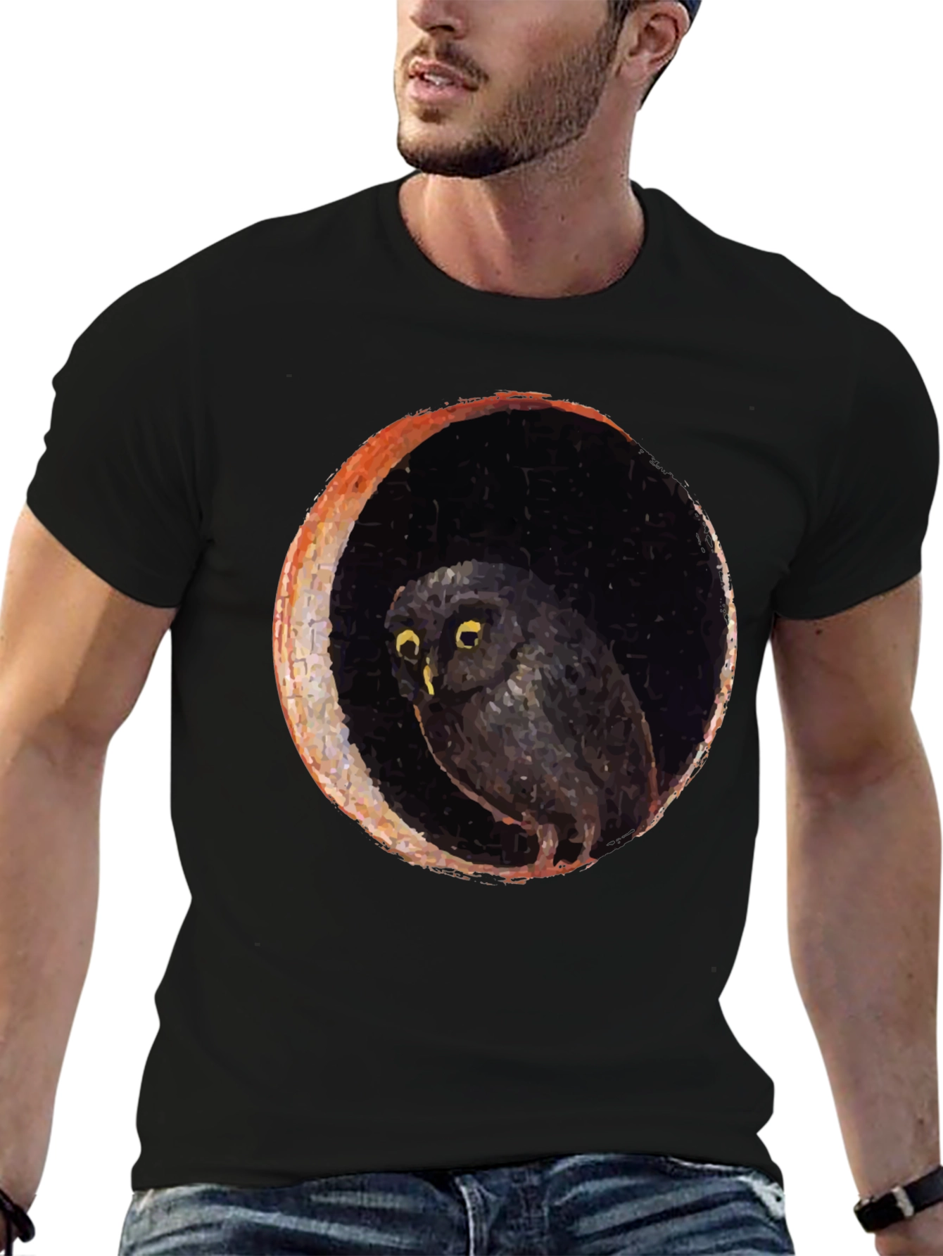 Owl and Moon Graphic Black T-Shirt