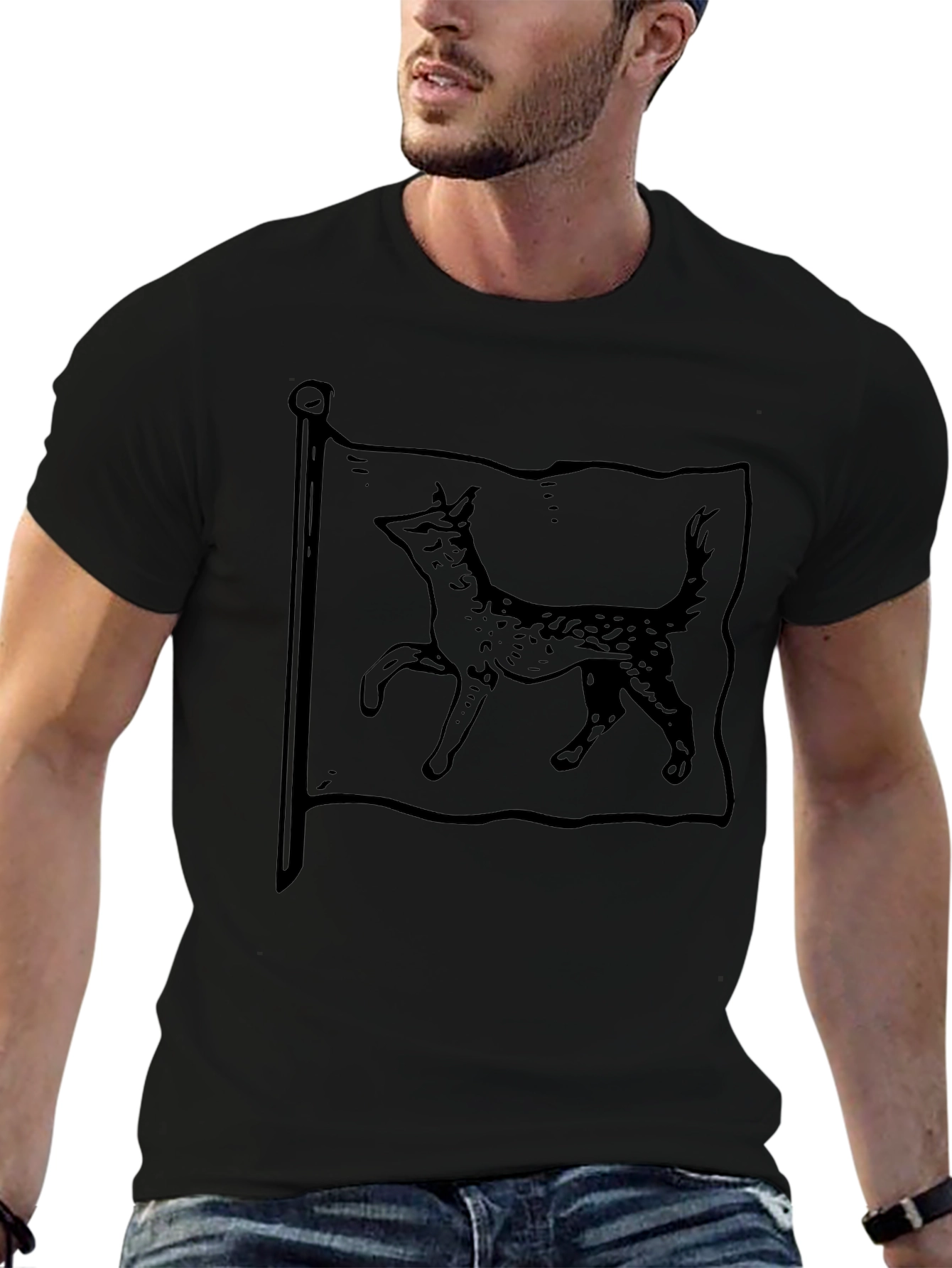 Mens Black T-Shirt with Dog Flag Graphic