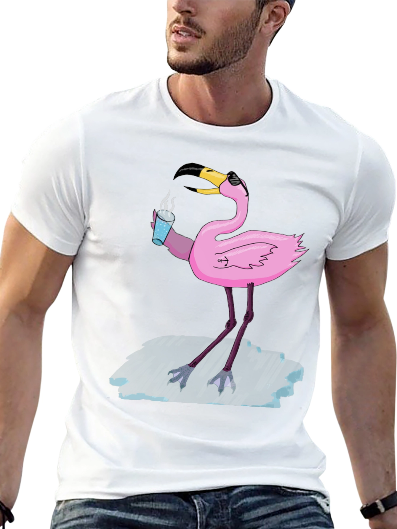 Cool Flamingo Drinking Coffee Graphic Tee