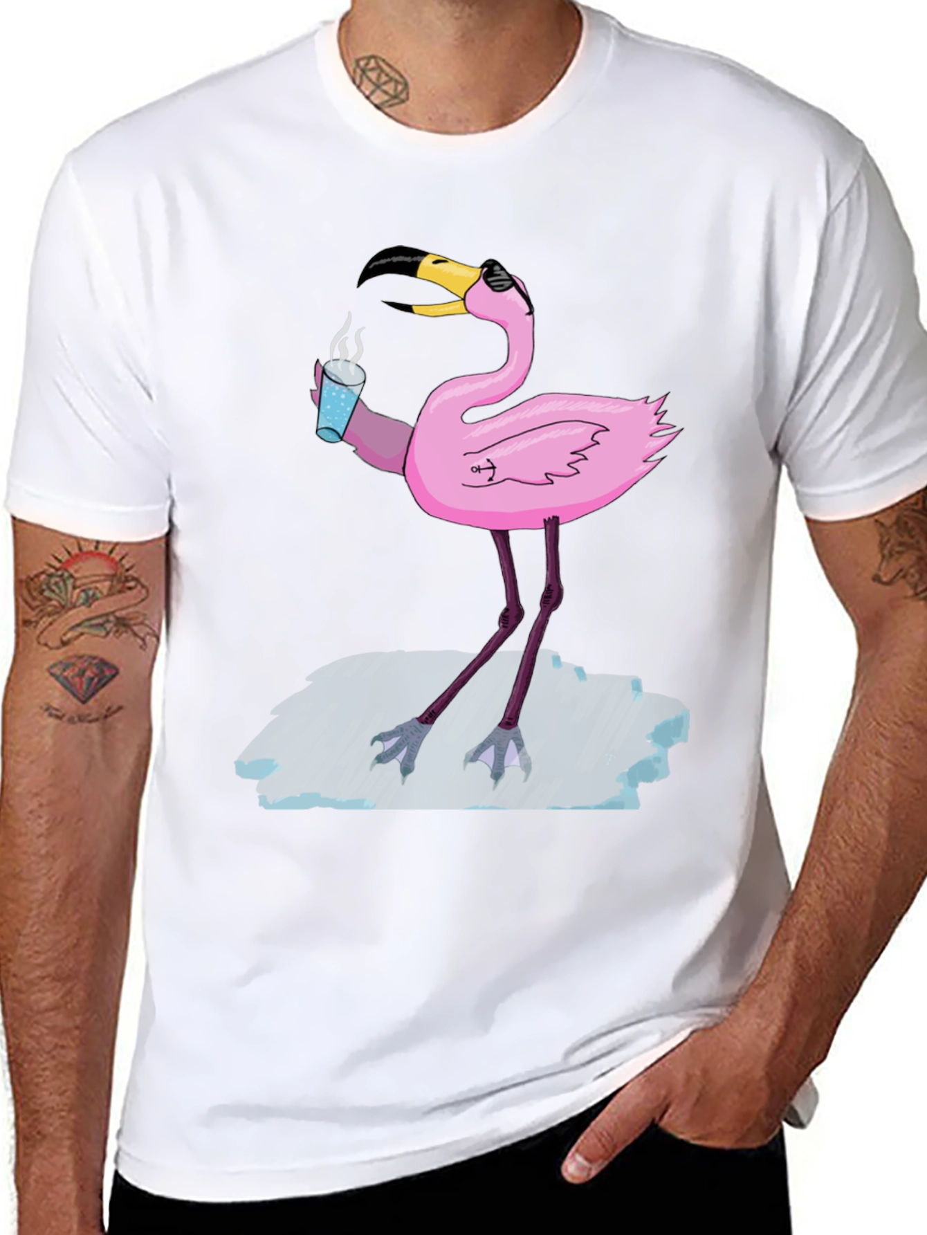 Cool Flamingo Drinking Coffee Graphic Tee