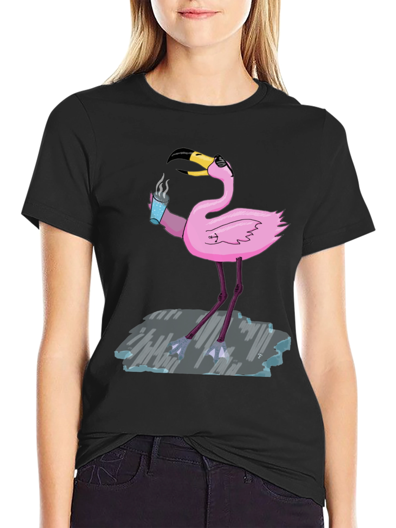 Cool Flamingo Drinking Coffee Graphic Tee