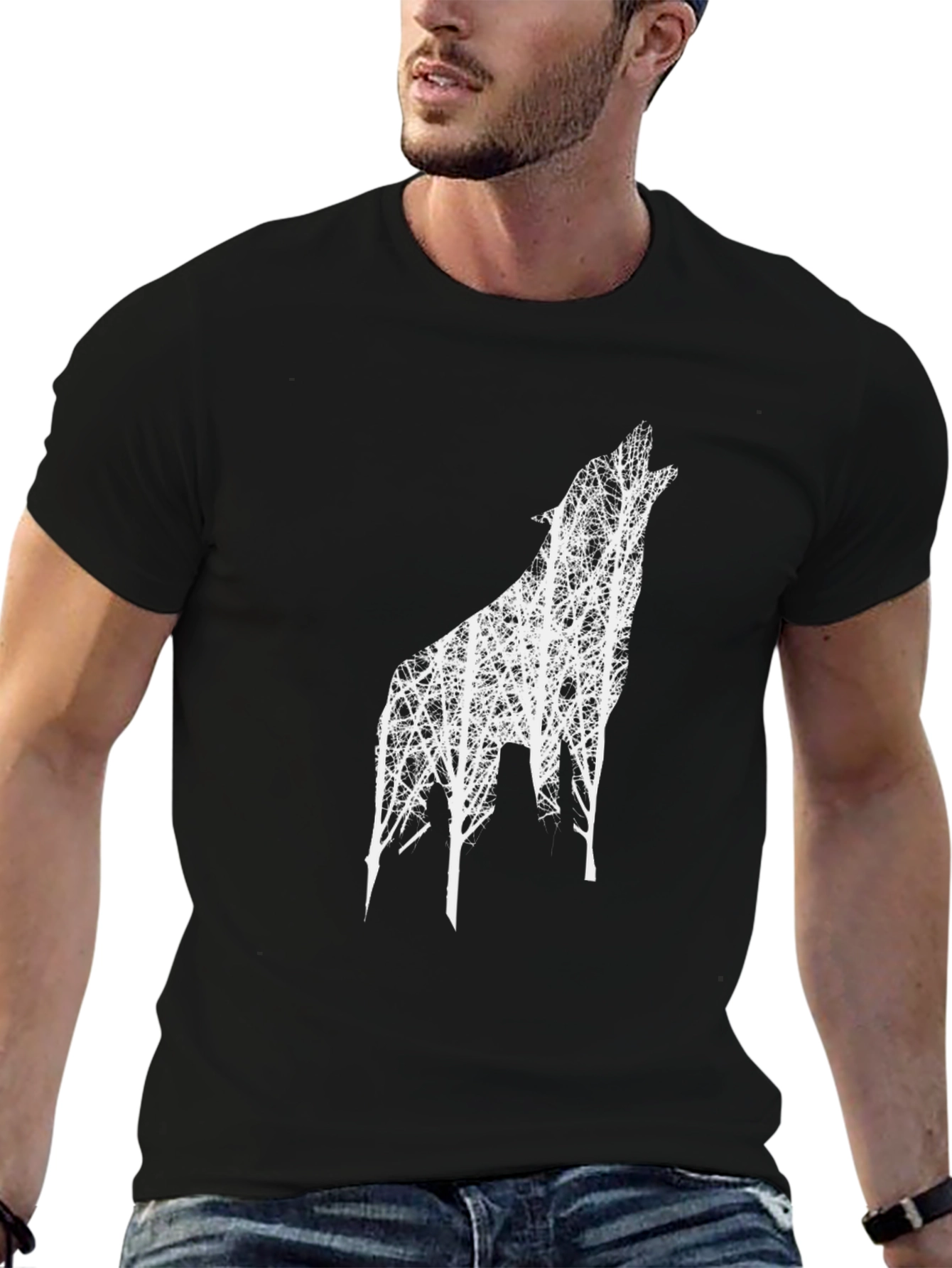 Black T-Shirt with Wolf Tree Design
