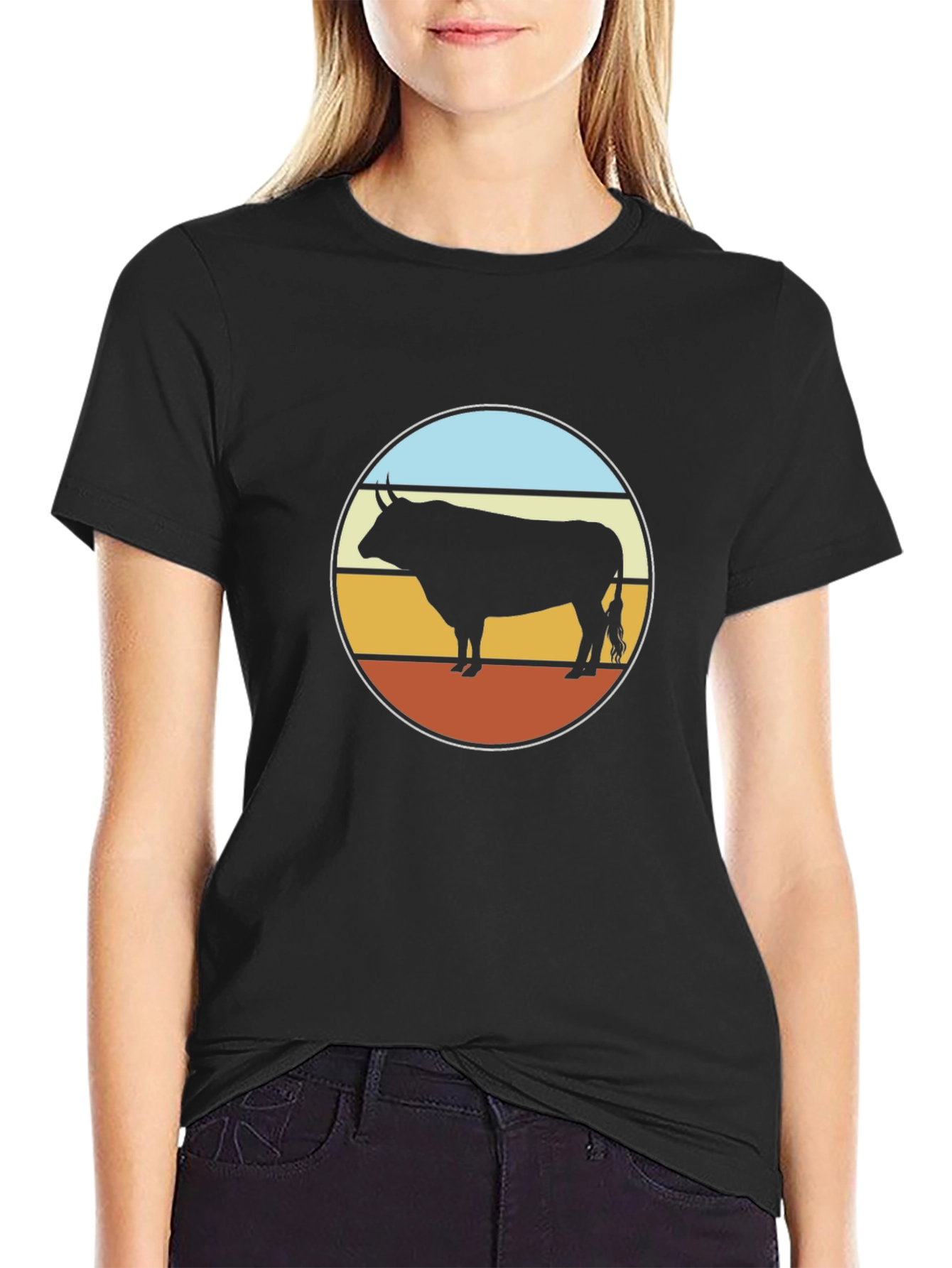 Retro Bull Graphic Tee - Black Cotton T-Shirt