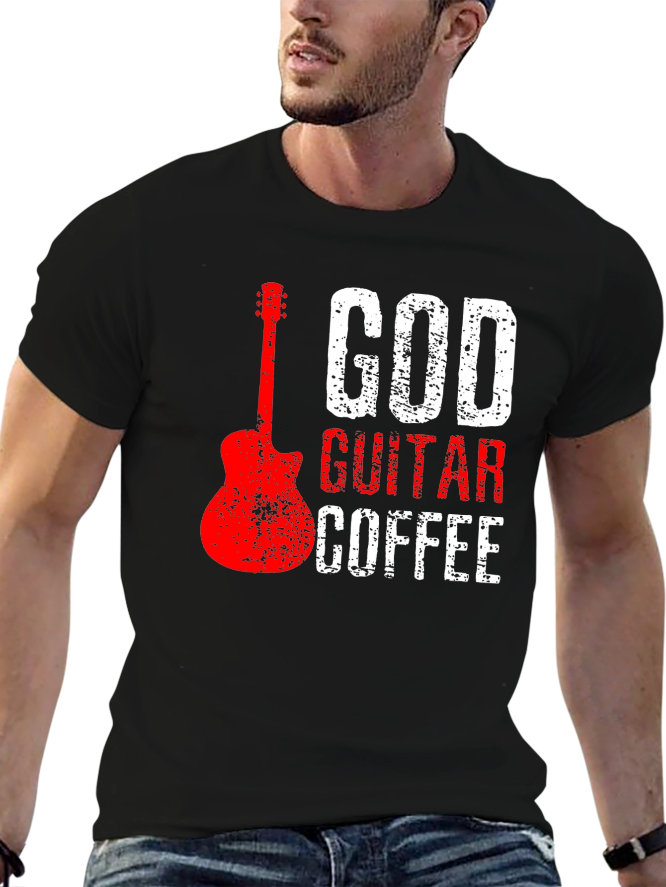 God Guitar Coffee Graphic Tee - Music Lover Shirt