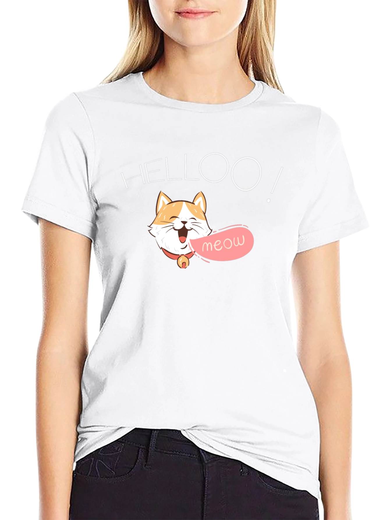 Helloo Meow Cat Graphic Tee - Black