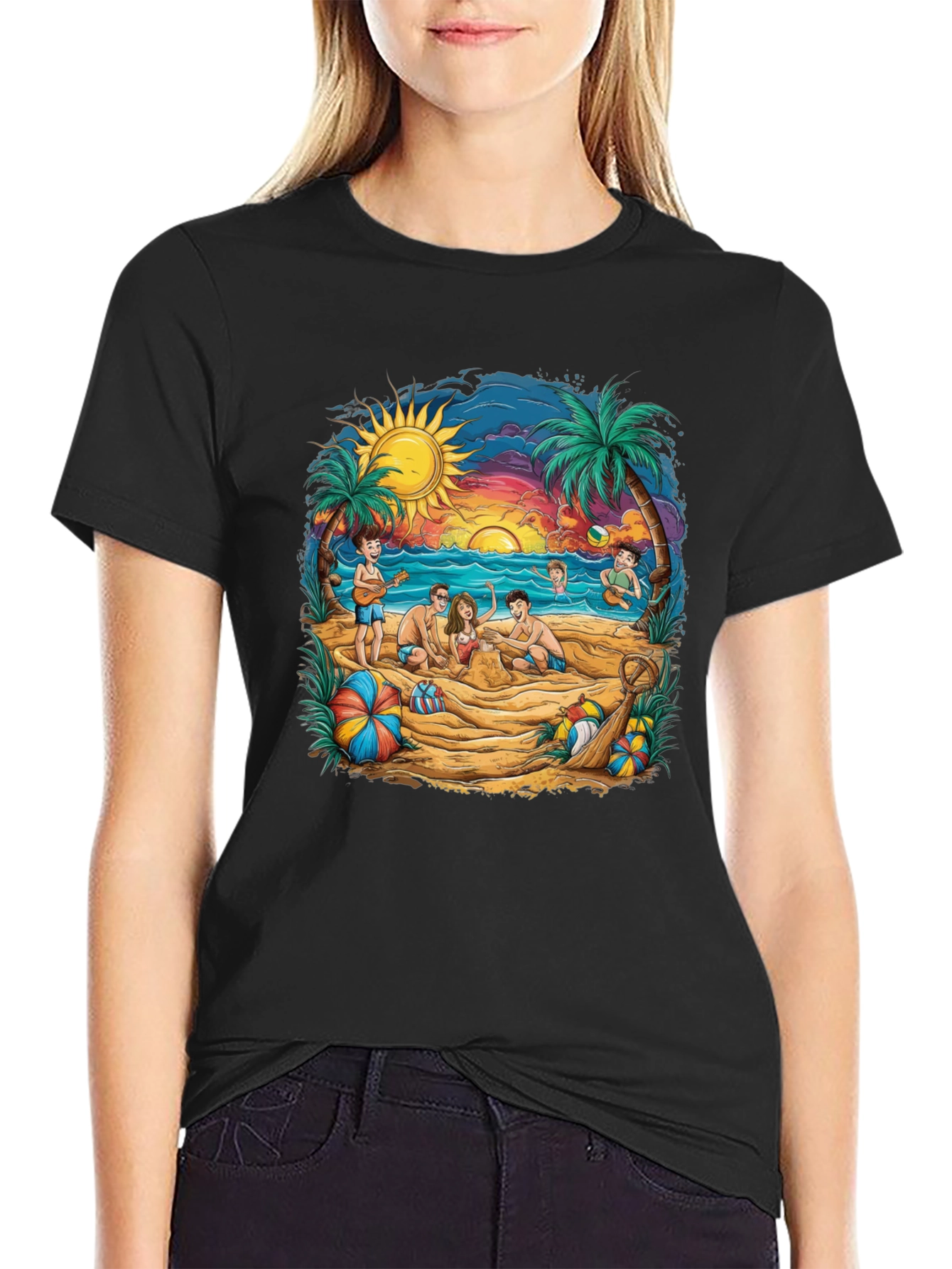 Beach Scene Graphic Tee - Black