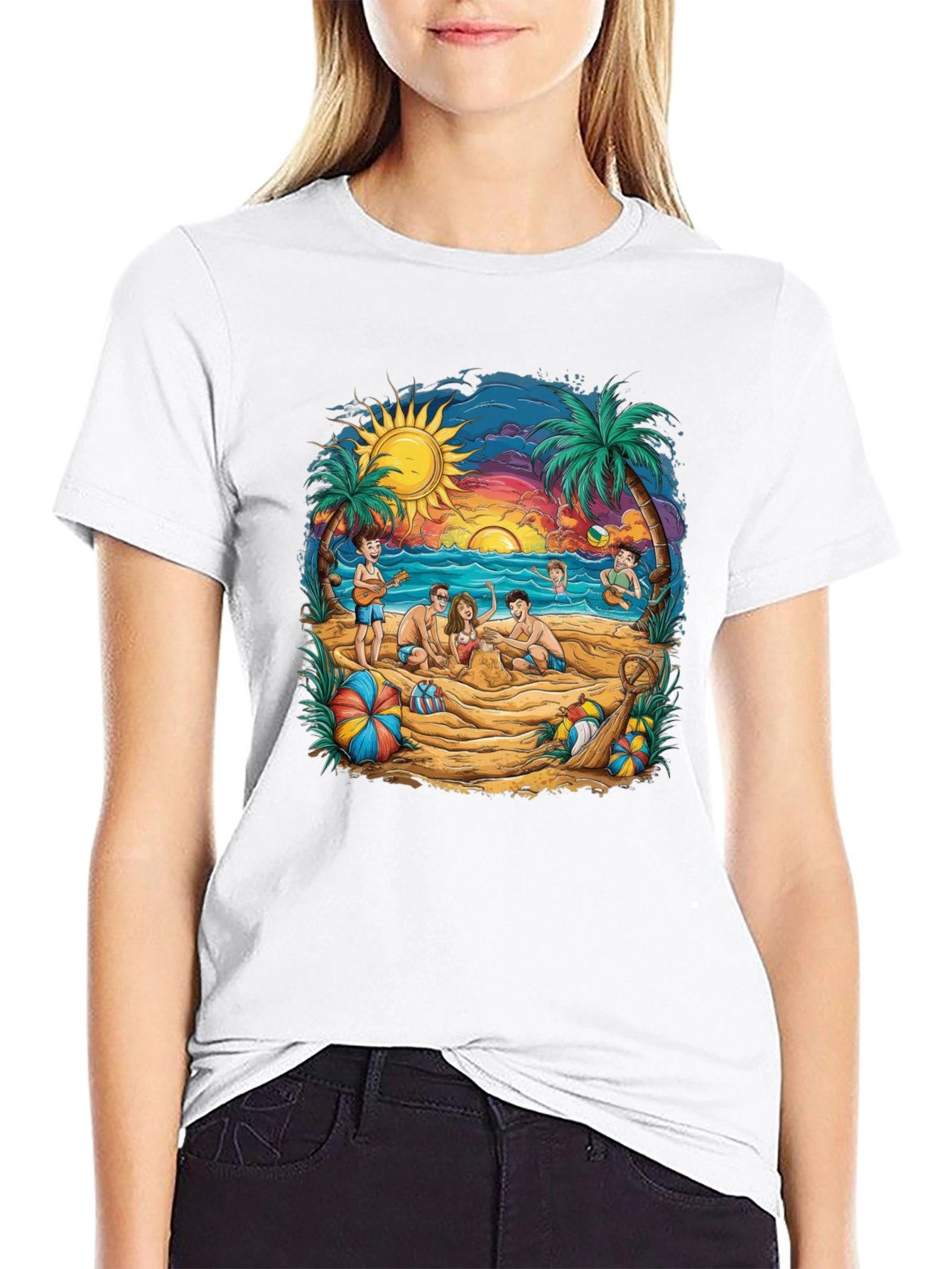 Beach Scene Graphic Tee - Black