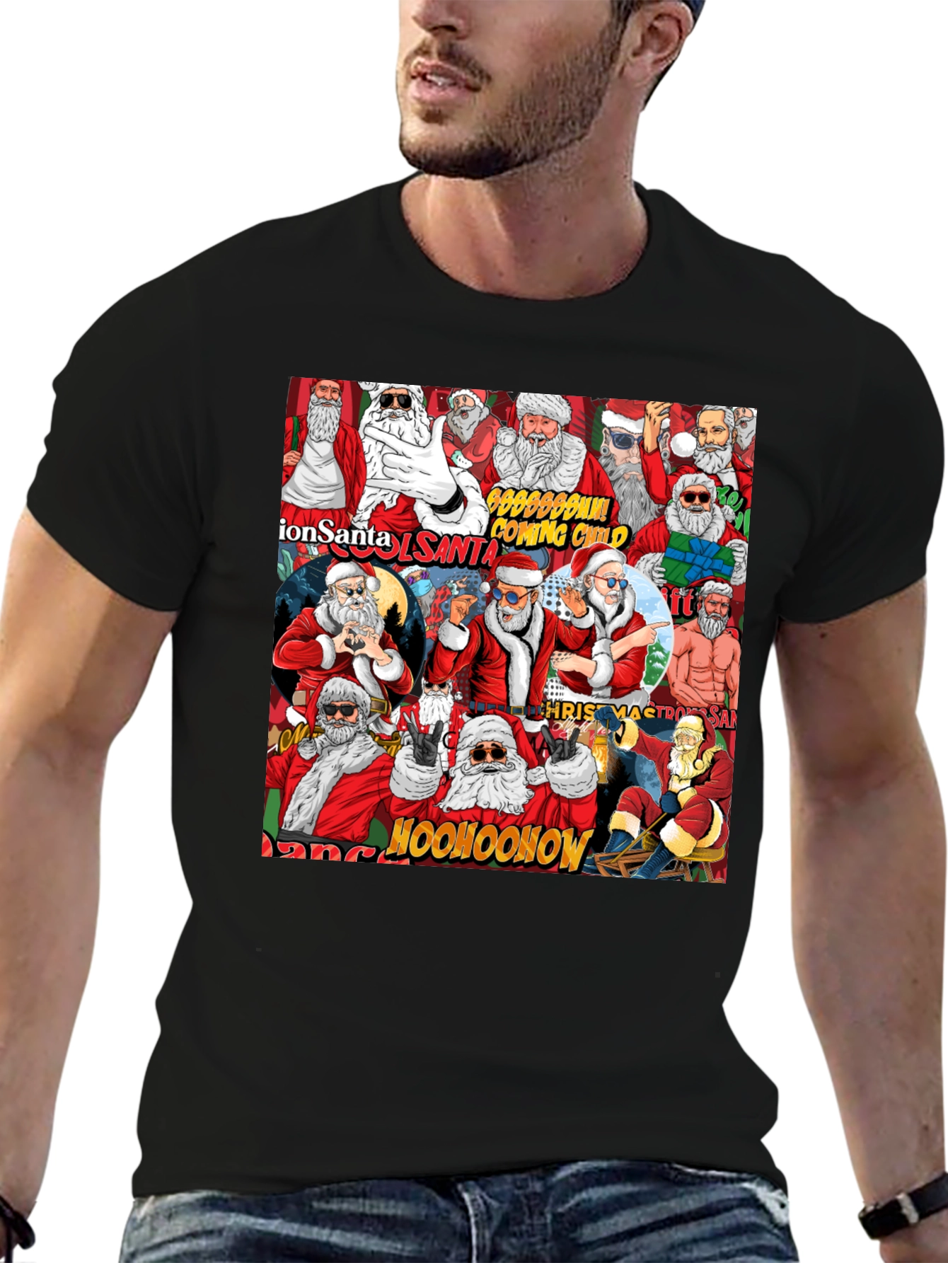 Cool Santa Collage Black T-Shirt