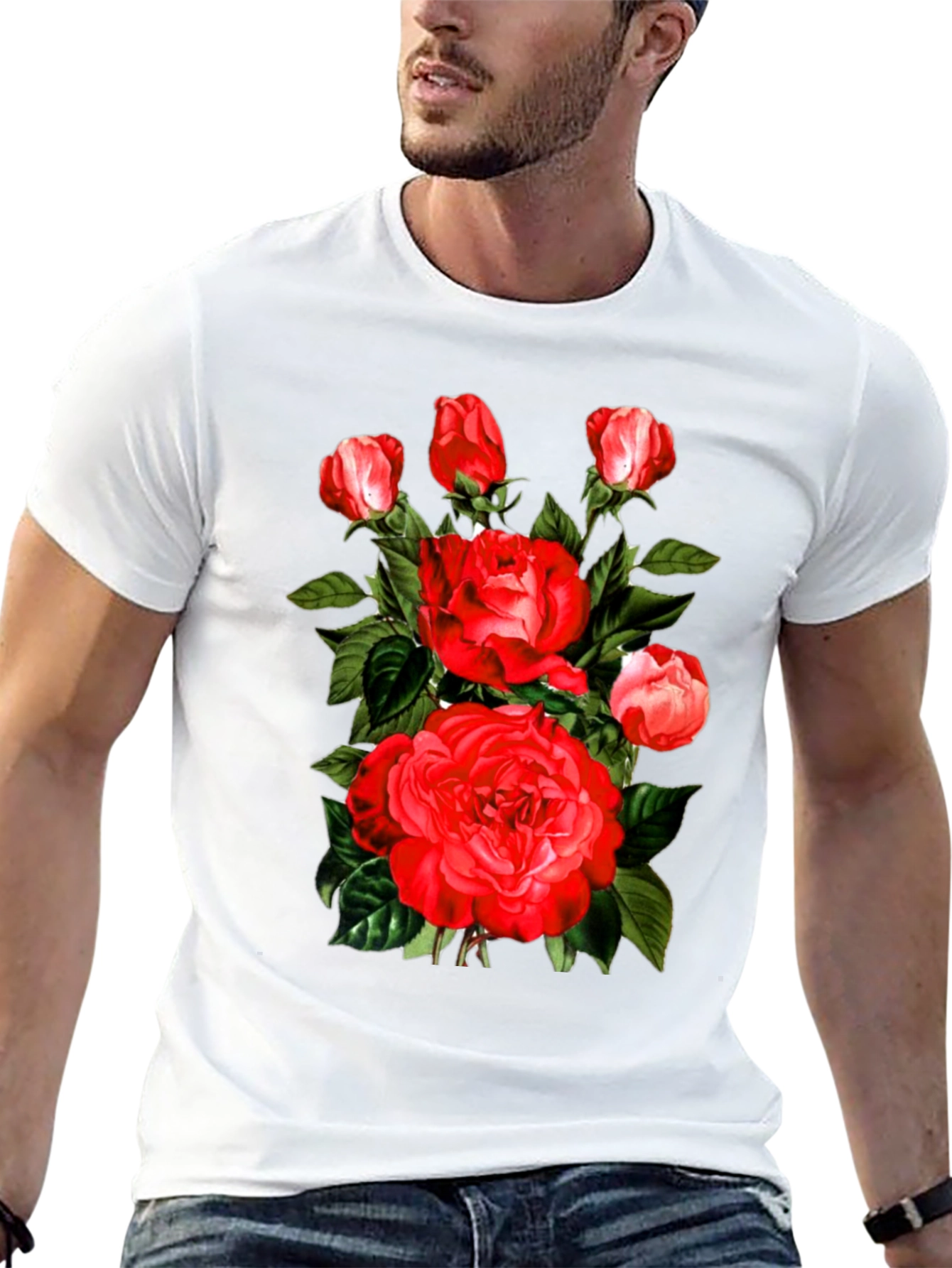 Red Roses Graphic Print Mens Black T-Shirt