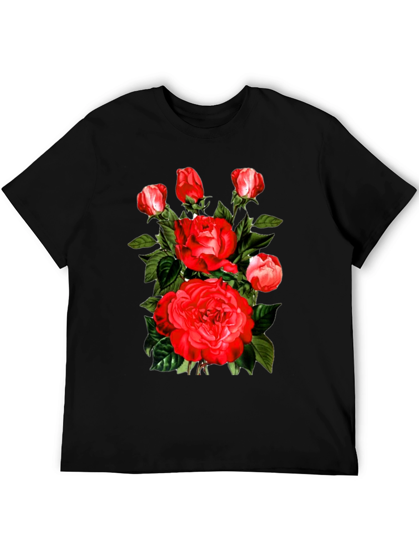 Red Roses Graphic Print Mens Black T-Shirt
