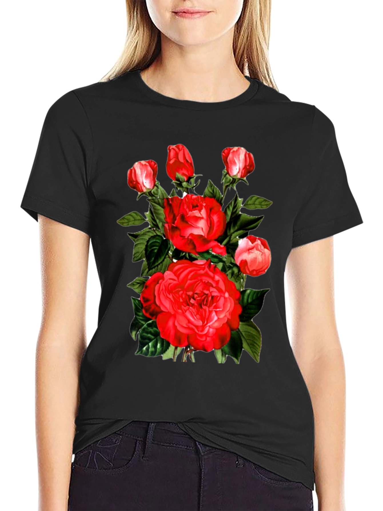 Red Roses Graphic Print Mens Black T-Shirt