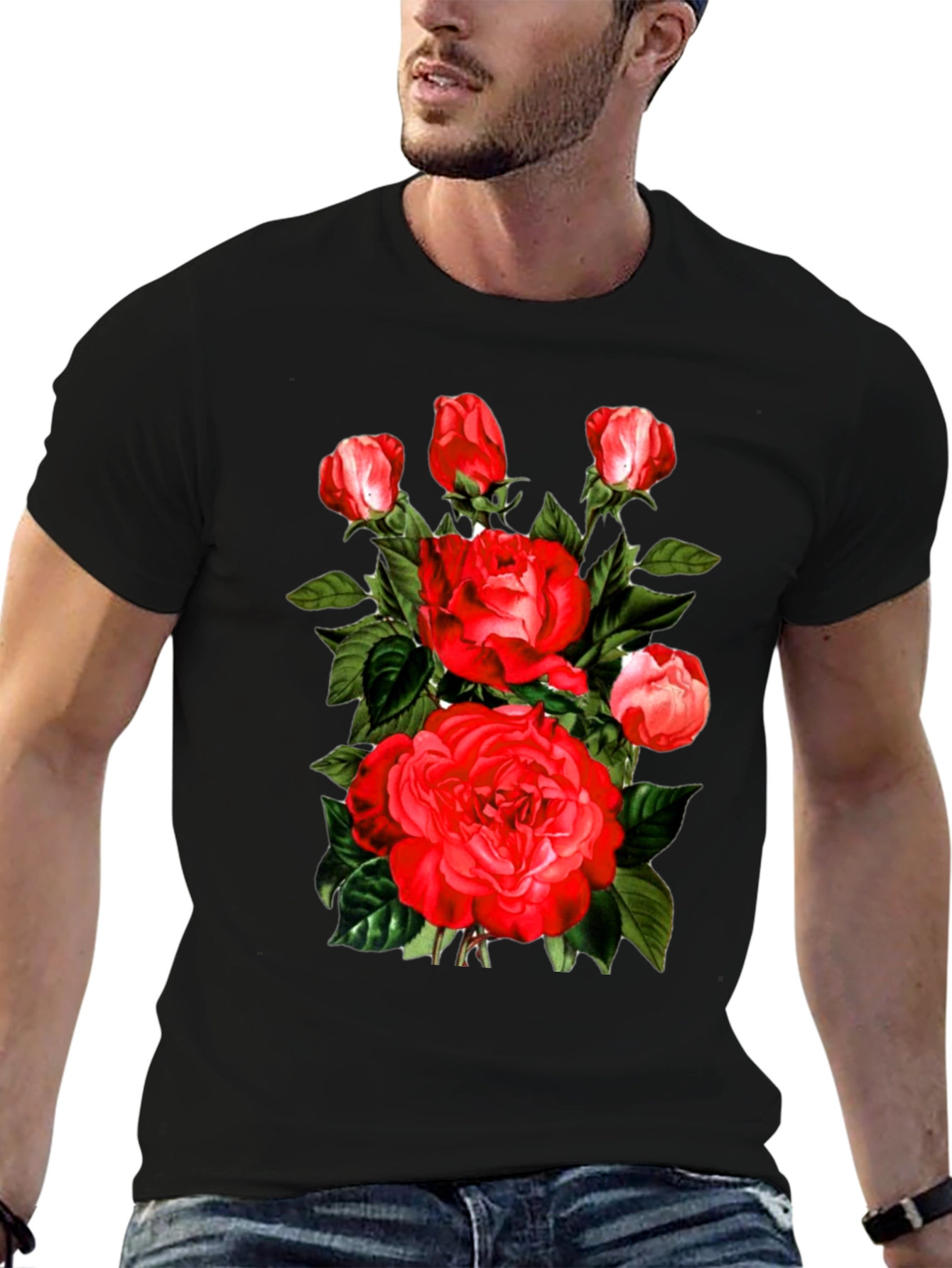 Red Roses Graphic Print Mens Black T-Shirt