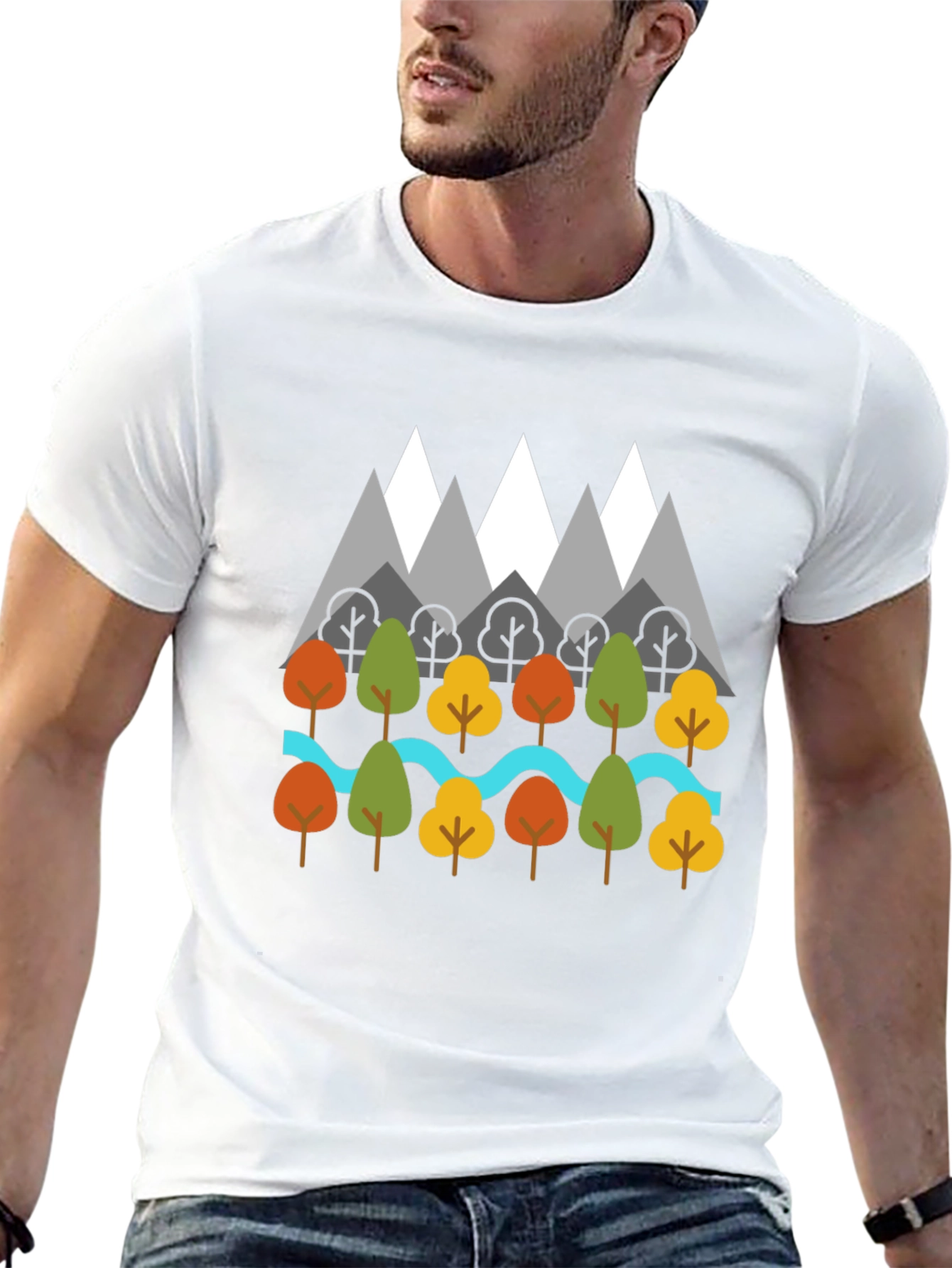 Nature Graphic T-Shirt - Mountains Trees River Design