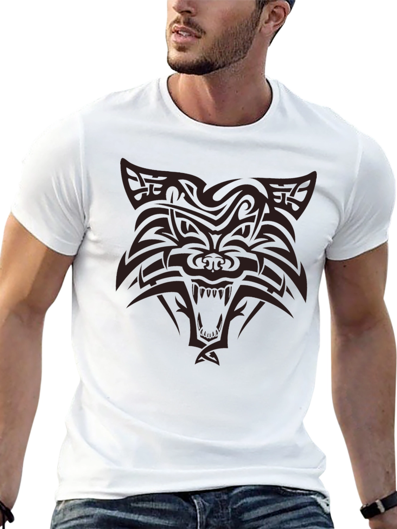 Tribal Wolf Graphic Print Black T-Shirt
