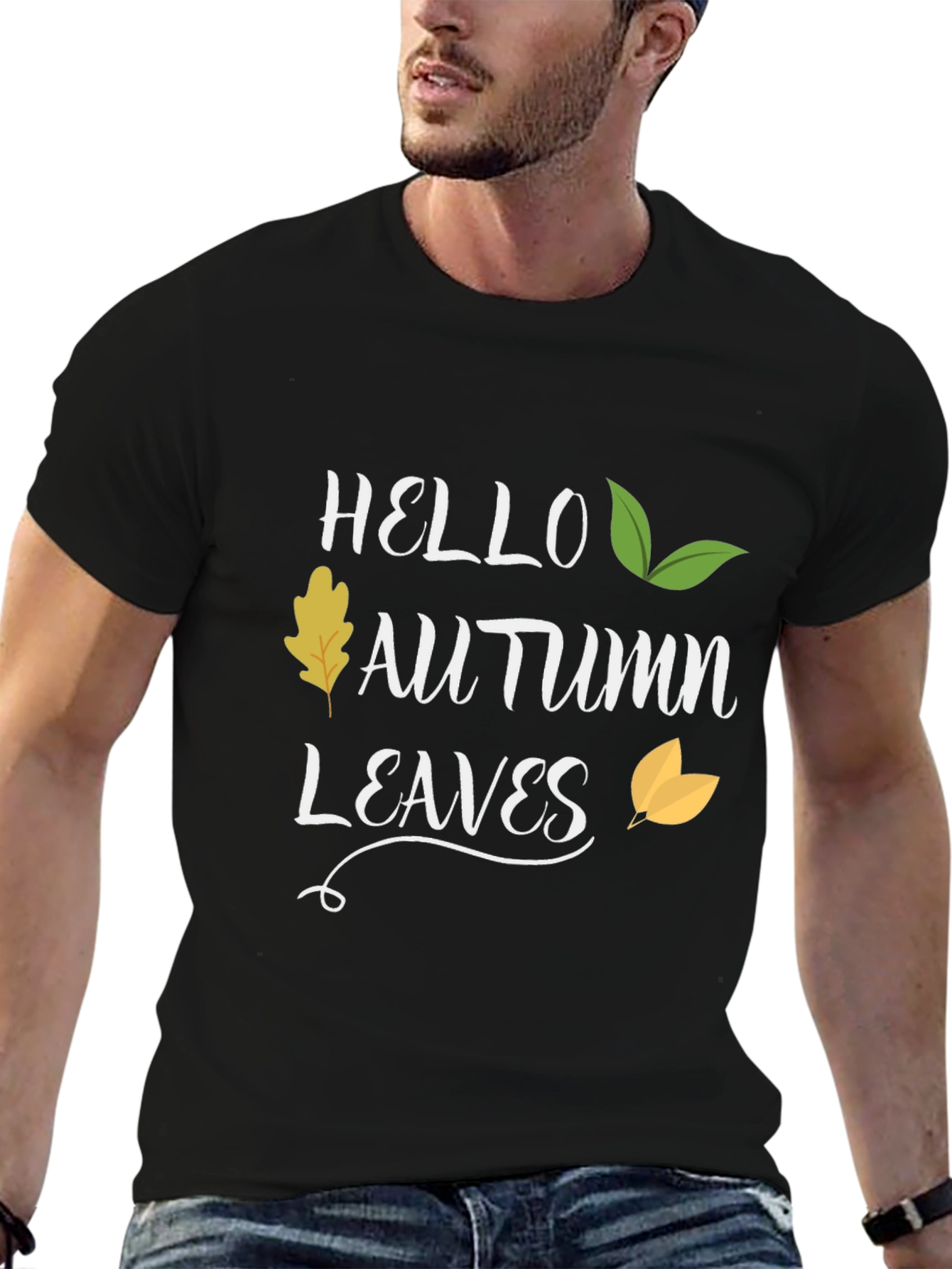 Hello Autumn Leaves Black T-Shirt