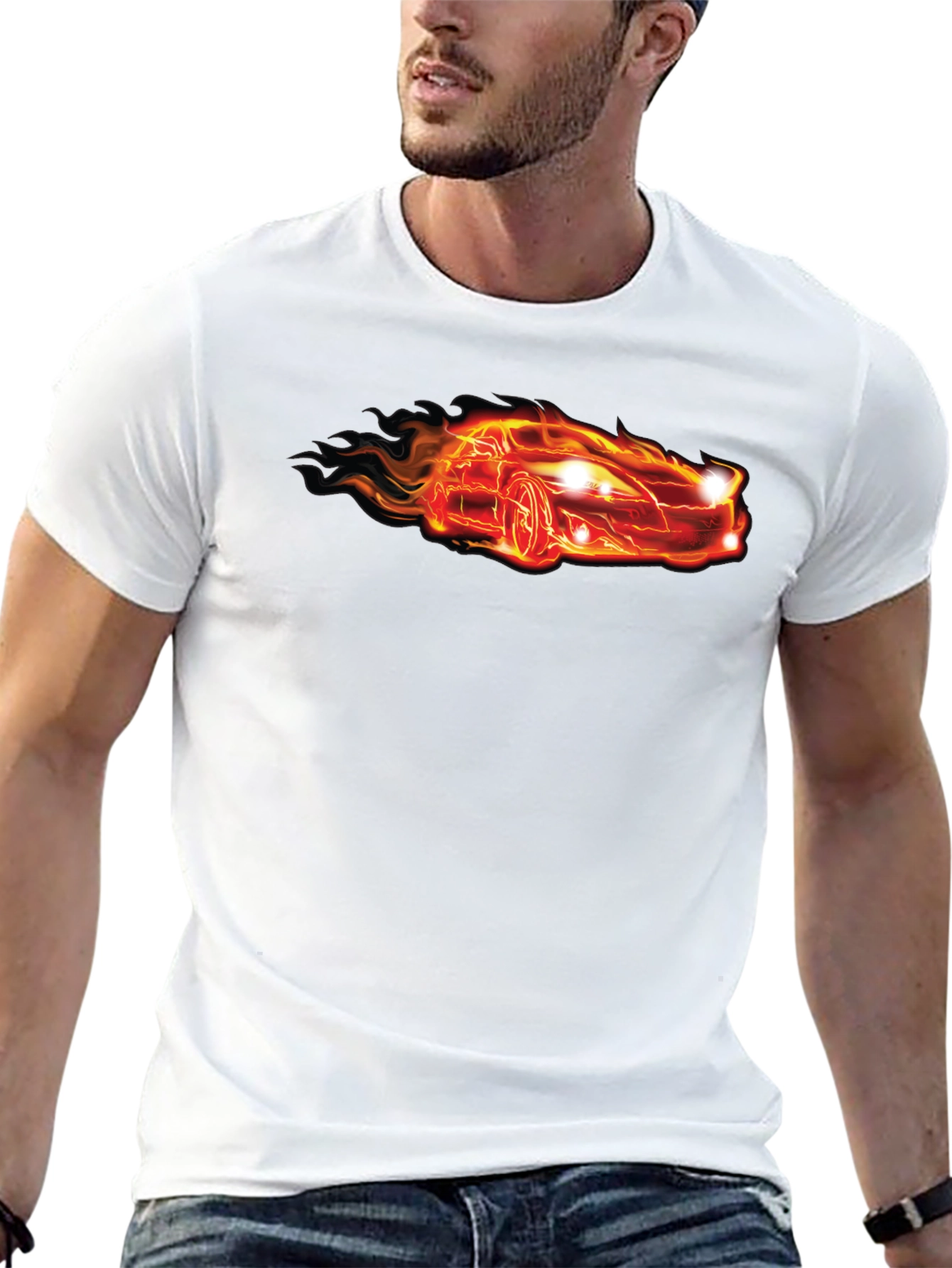 Flaming Car Graphic Tee - Cool Black T-Shirt