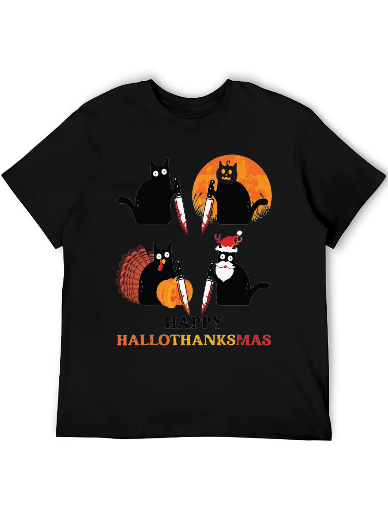 Happy HalloThanksmas Black Cat Holiday T-Shirt