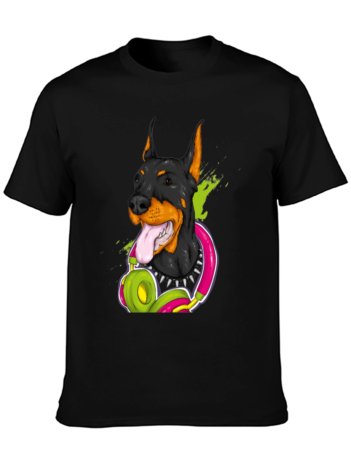 Doberman Dog with Headphones Graphic T-Shirt