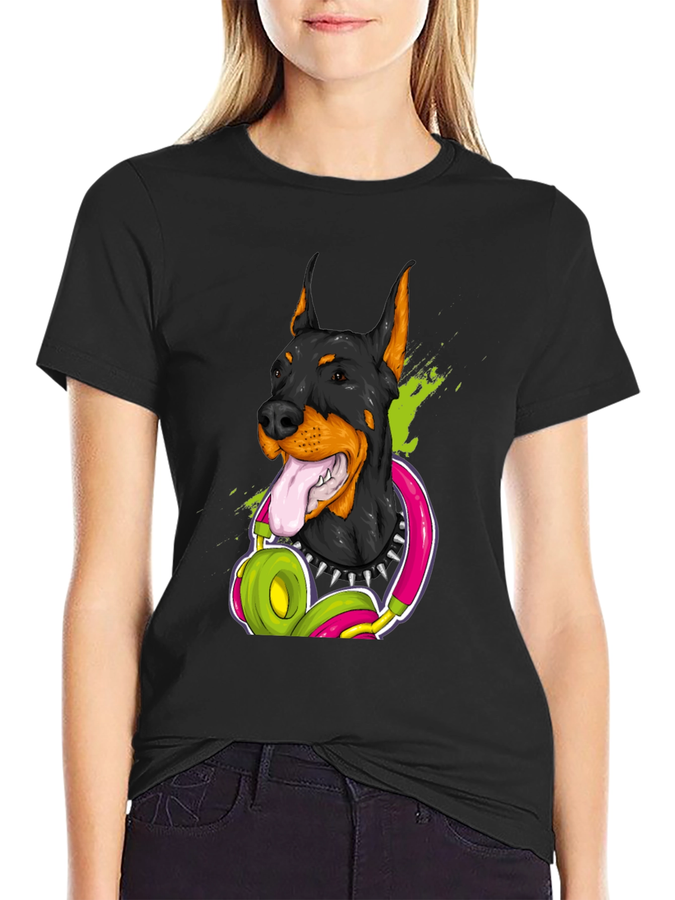 Doberman Dog with Headphones Graphic T-Shirt