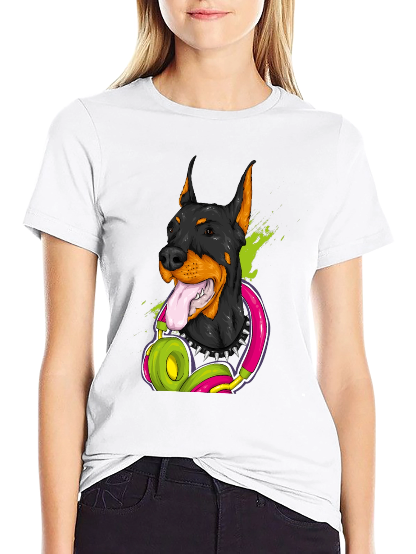 Doberman Dog with Headphones Graphic T-Shirt