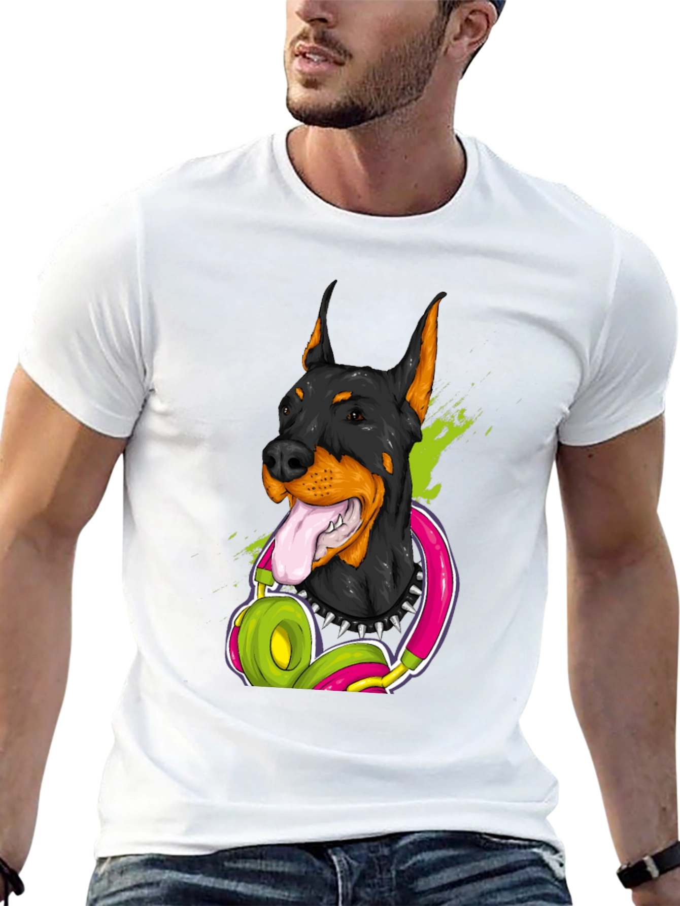Doberman Dog with Headphones Graphic T-Shirt