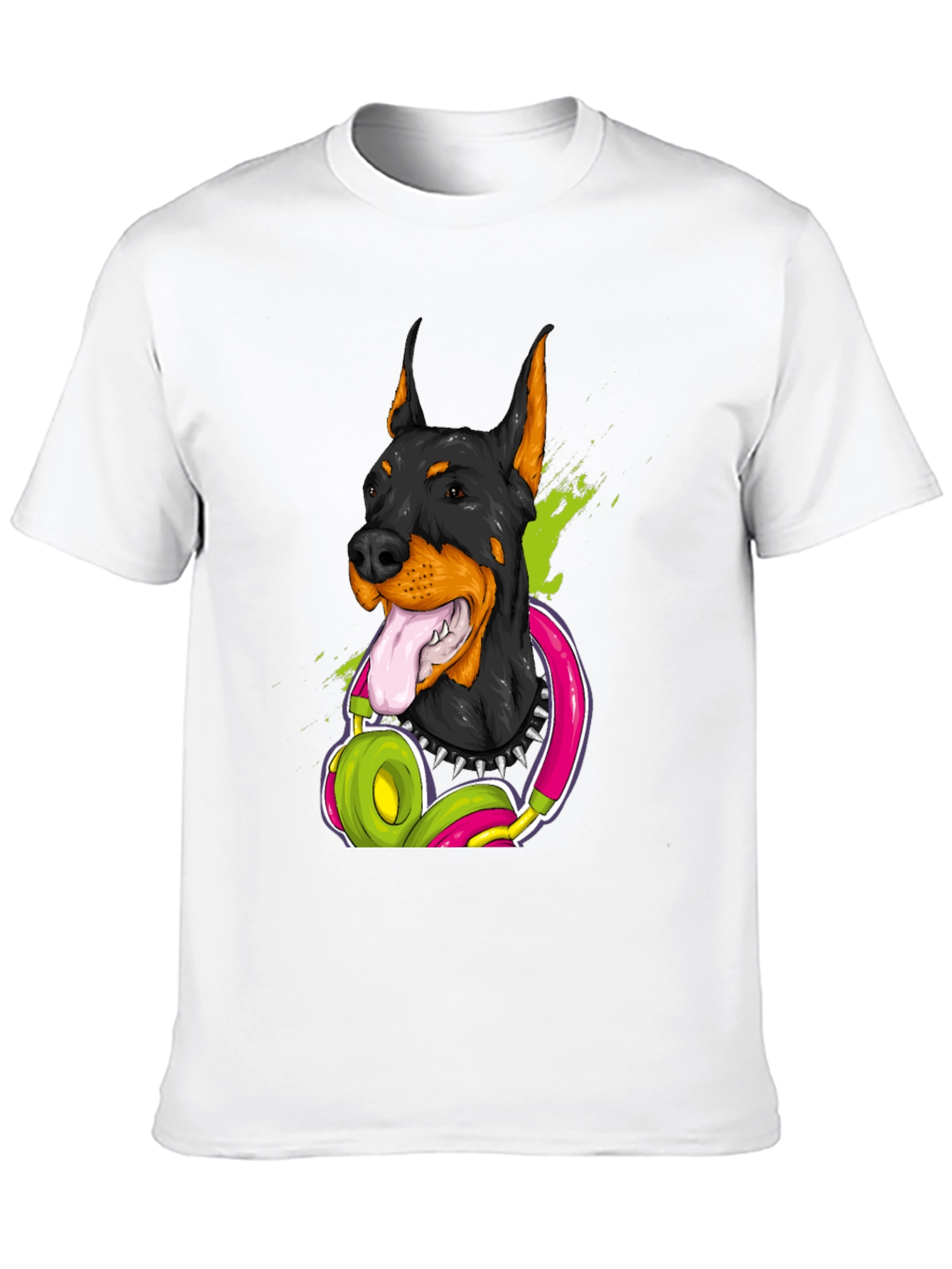 Doberman Dog with Headphones Graphic T-Shirt