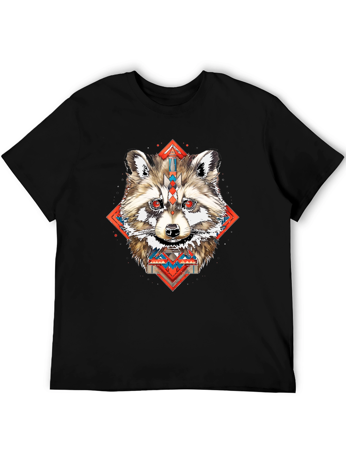 Raccoon Geometric Print Black T-Shirt