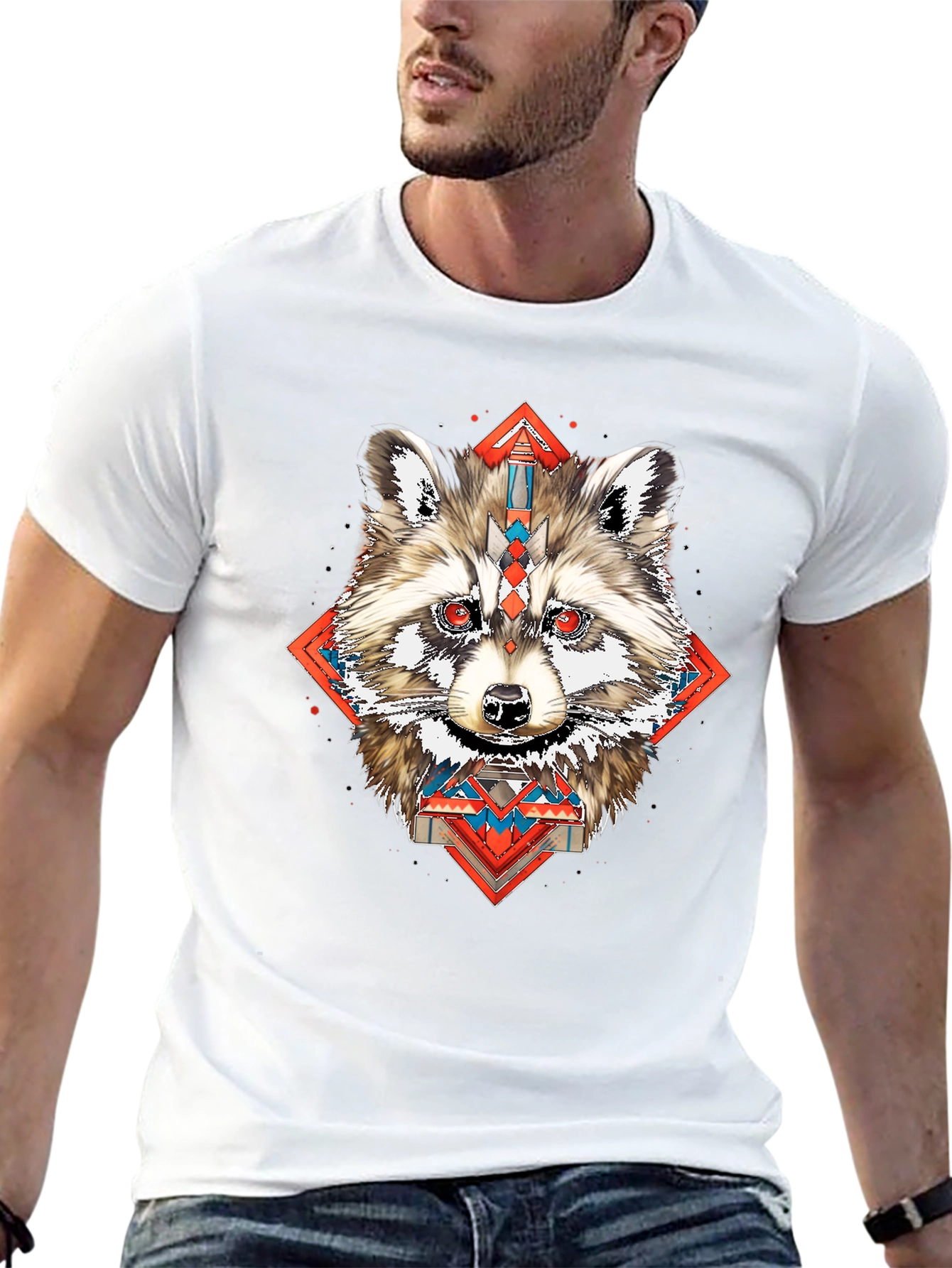 Raccoon Geometric Print Black T-Shirt