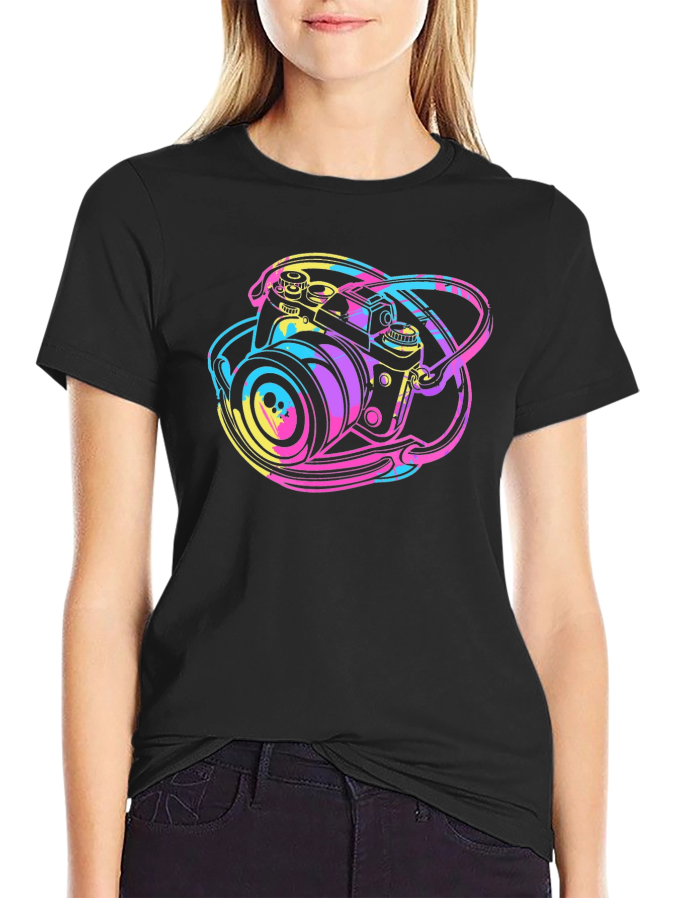 Retro Camera Graphic Tee - Black Cotton